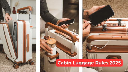 Timus Starlite cabin hard luggage in white with tan accents, featuring a front laptop compartment, USB charging port, and cup holder, designed for 2025 airline cabin rules.