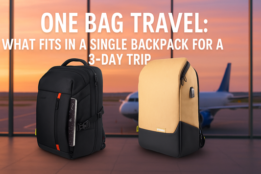 Two travel backpacks placed at an airport terminal with a plane in the background during sunset, promoting one bag travel for 3-day trips – Timus backpacks