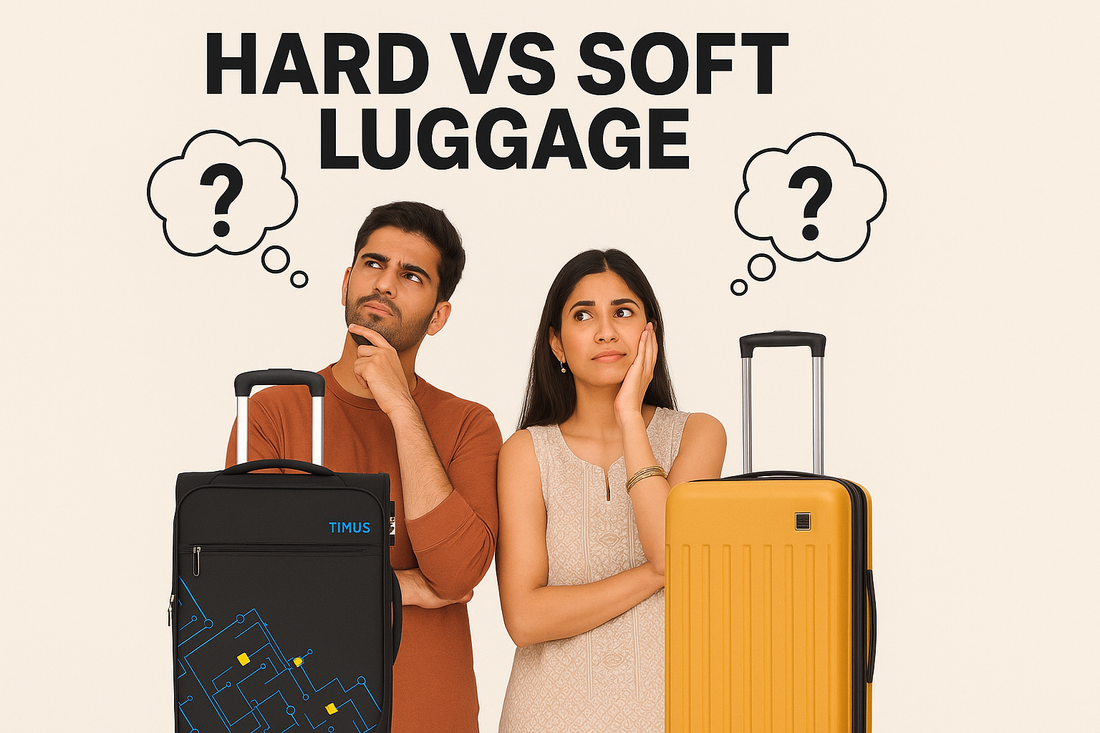 Hard vs Soft Luggage Which one is the best two people thinking on it and two luggage is placed in front of them respectively one is flash plus soft luggage and second is Neolite hard luggage