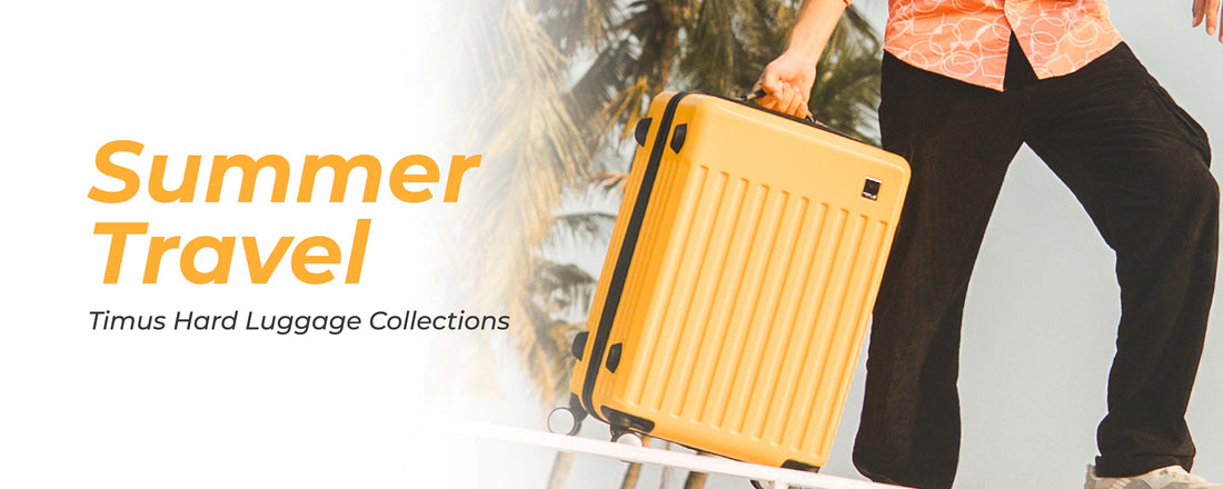 Person holding a yellow neolite hard luggage in summer out their showing summer travel vibes with timus hard luggage collections