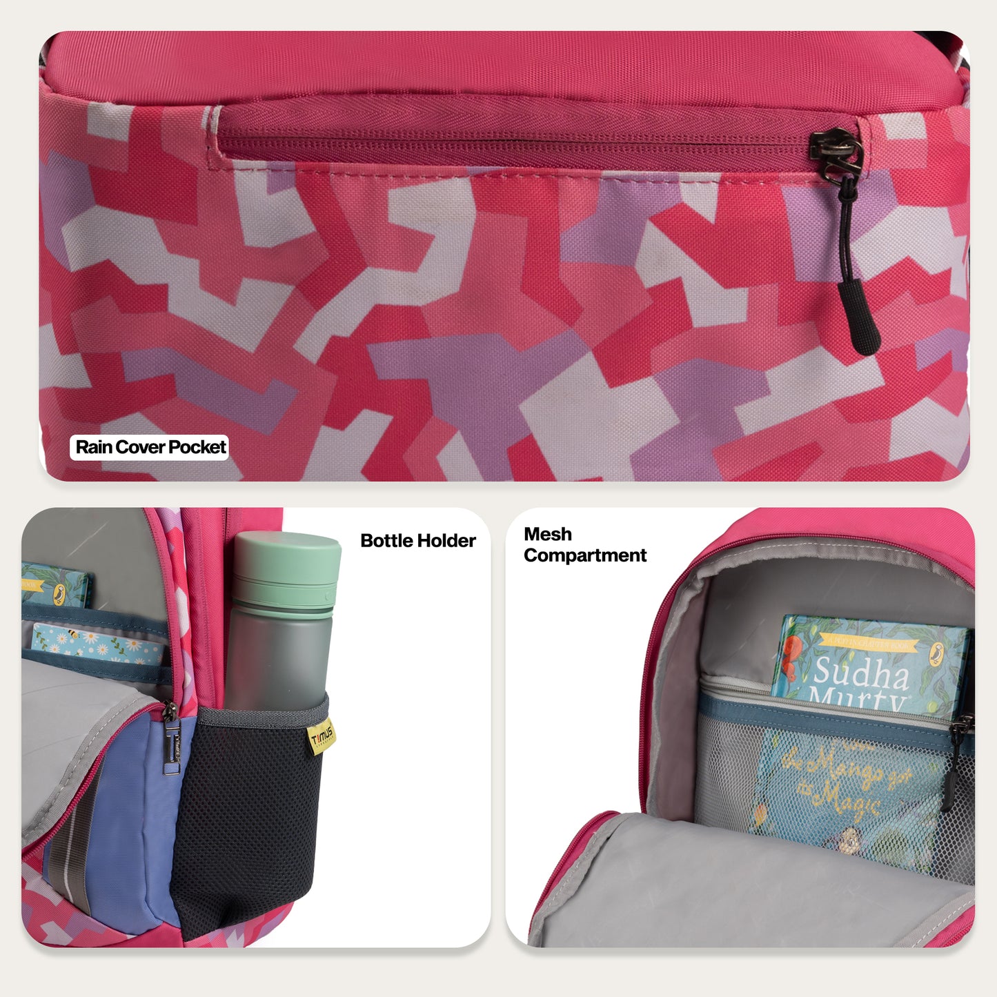 Timus Toto Backpack feature graphic highlighting lightweight, smart storage, and durability