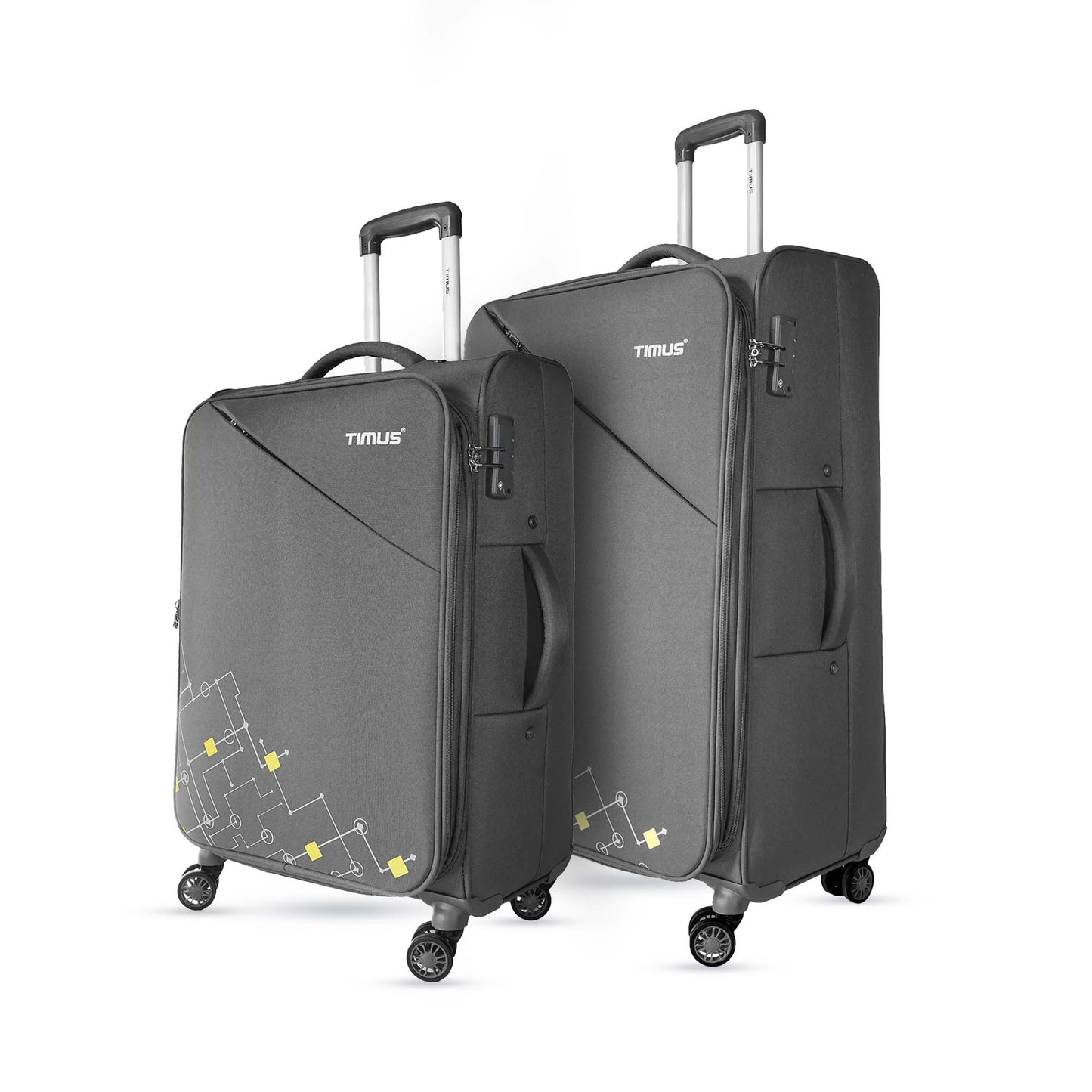 Two pieces of expandable soft luggage in grey color with 8-wheel 360° rotation system, TSA locks, and push-button trolleys.