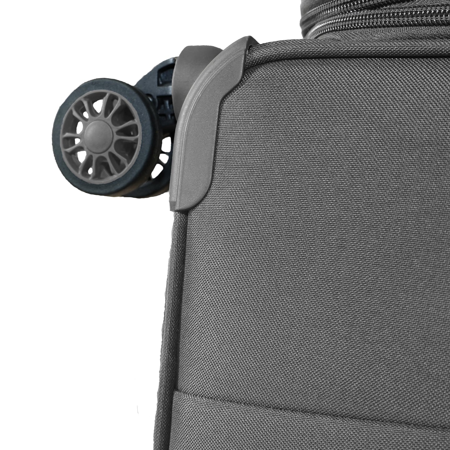 Close-up of single wheel on grey Flash Plus luggage