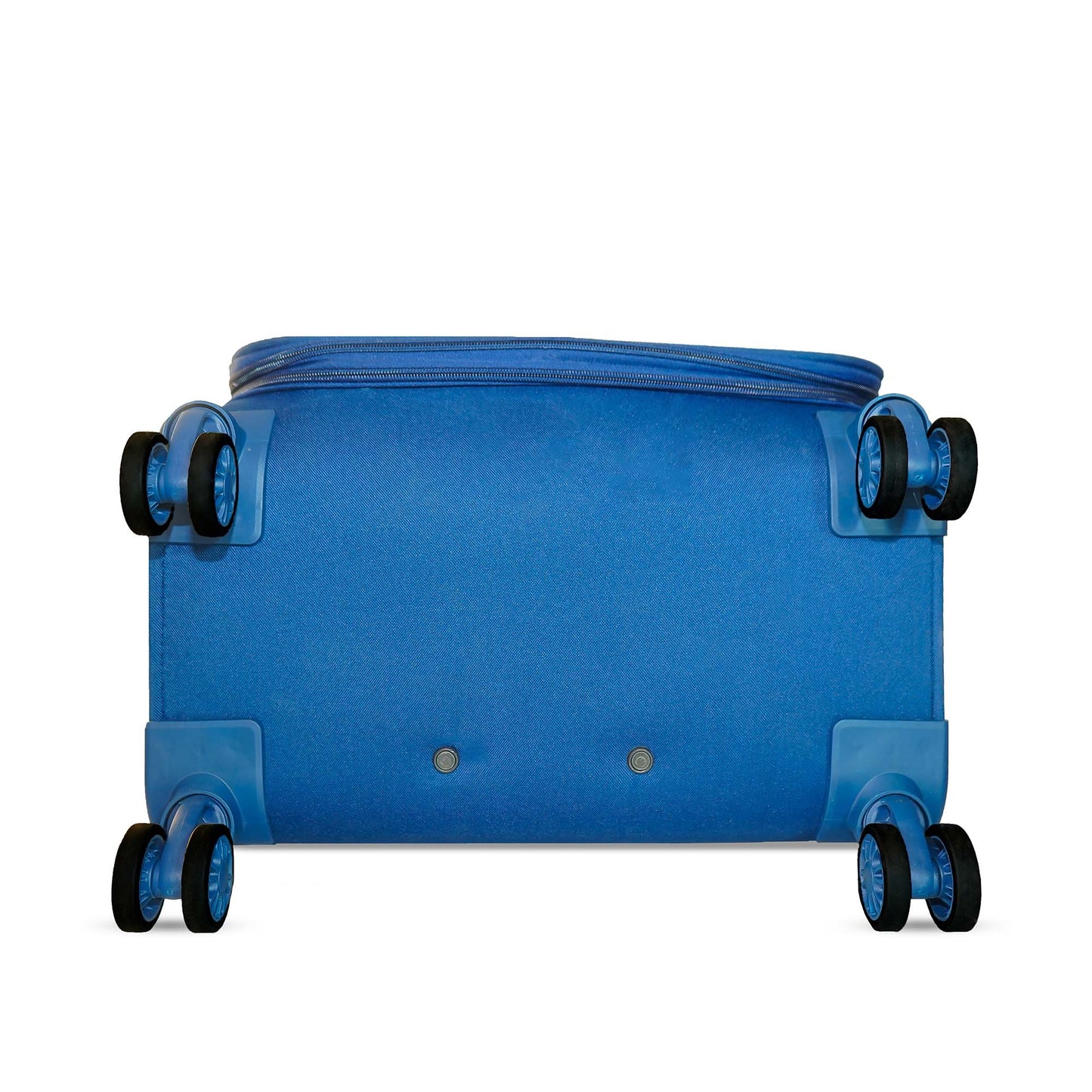 Bottom side view showing 8 smooth spinner wheels on Flash Plus soft luggage bag.