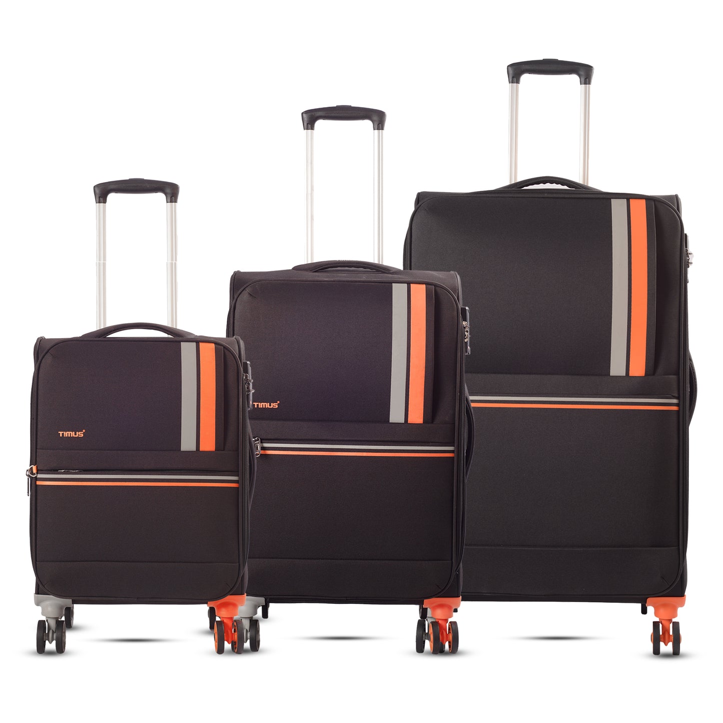Front view of Sportive black soft luggage set in 58 cm, 68 cm, and 78 cm sizes, featuring contrast double wheels and trolley handles.