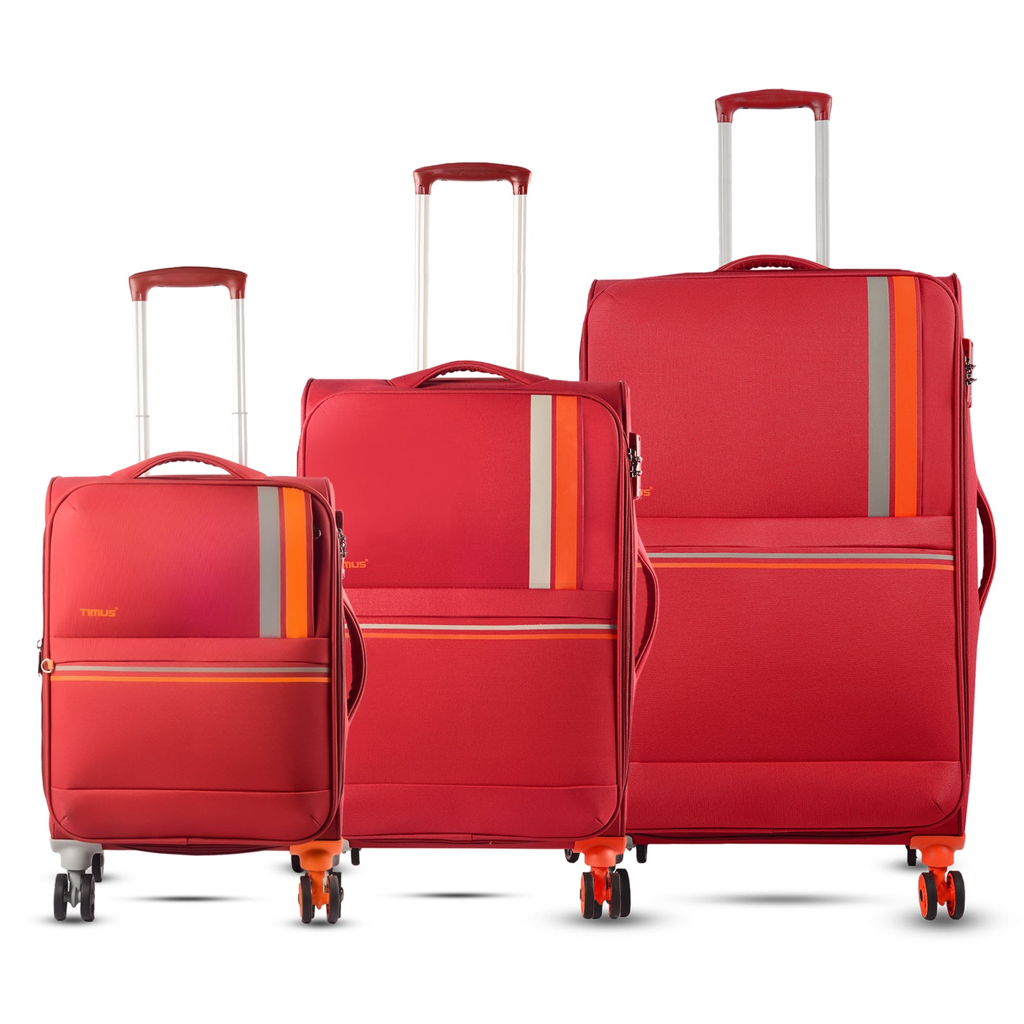 Front view of Sportive red soft luggage set of three suitcases in 58 cm, 68 cm, and 78 cm sizes, featuring dual-tone wheels and front zip compartments.