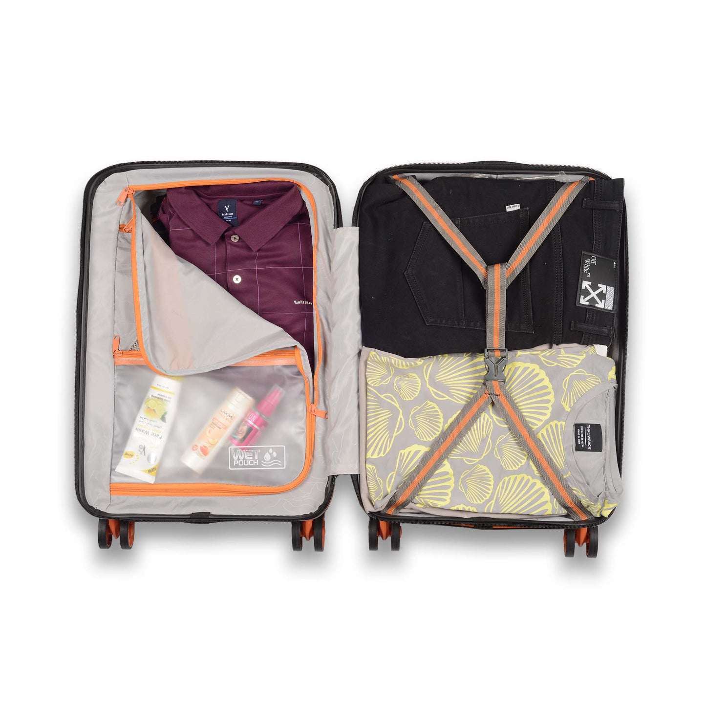 Open view of Timus Sunlite orange black hard trolley showing neatly packed clothes, filled wet and dry pouches, and organized compartments inside.