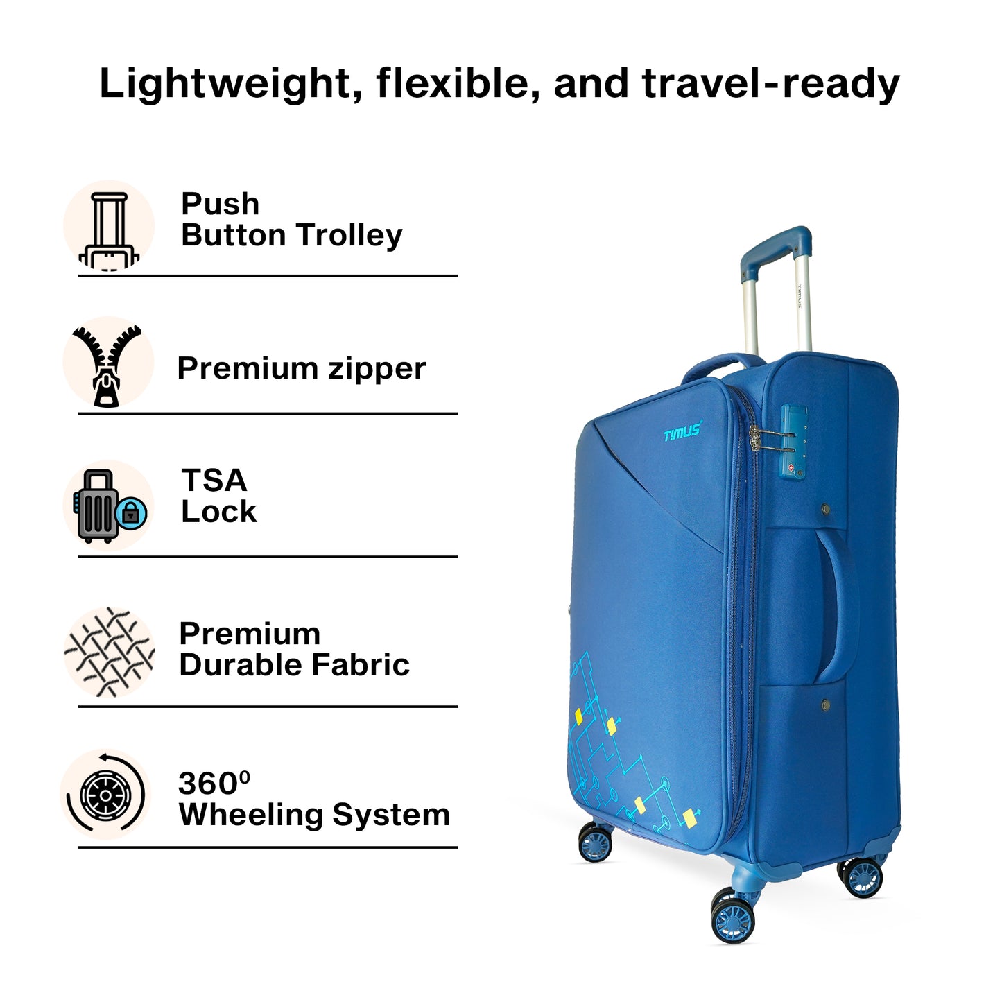 Blue suitcase with travel features listed on a white background