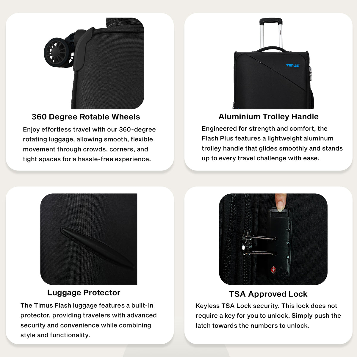 Features of Timus Flash luggage with text descriptions on a white background