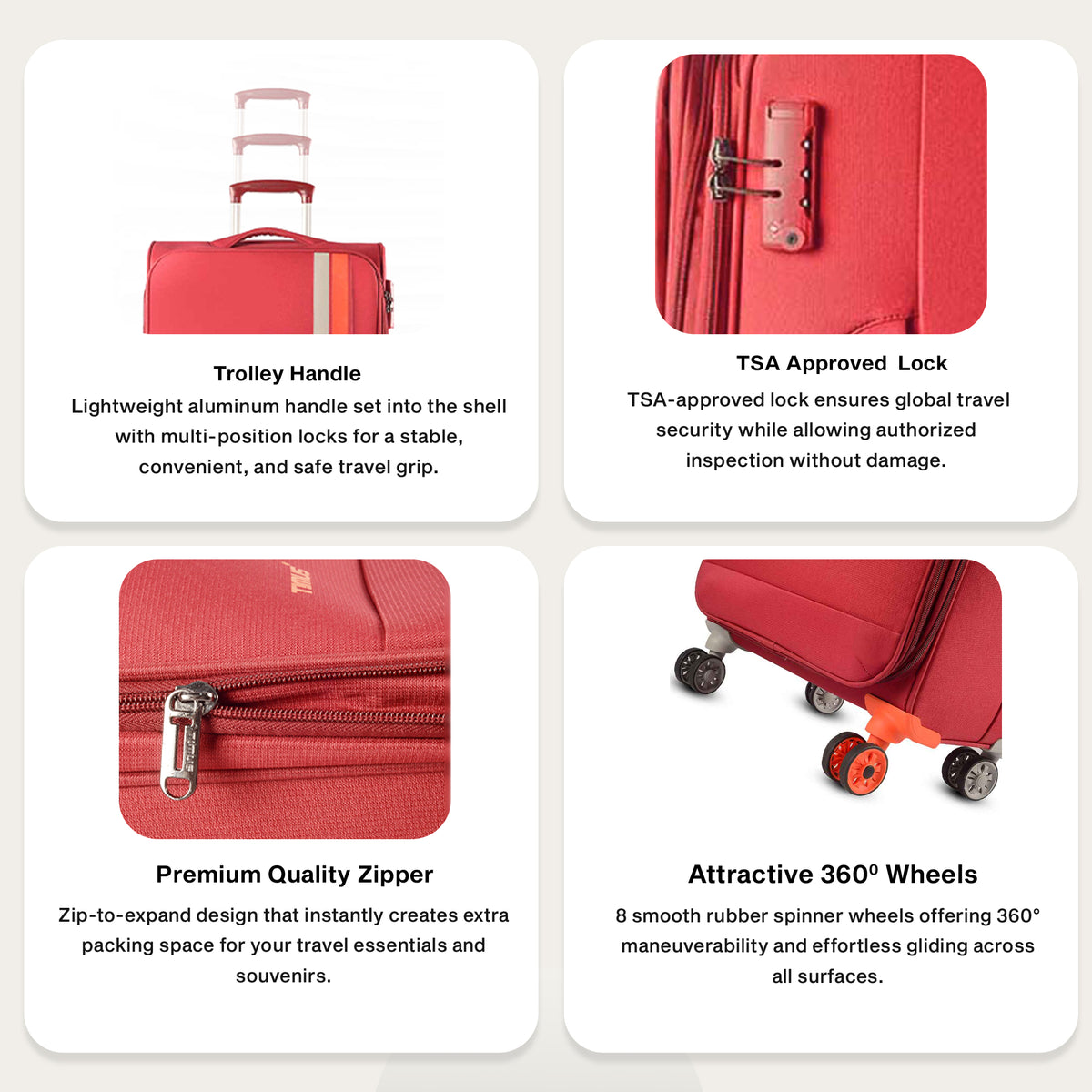 Feature graphic of Timus Sportive red soft trolley luggage highlighting flexible, lightweight fabric, dual spinner wheels, and expandable compartments.