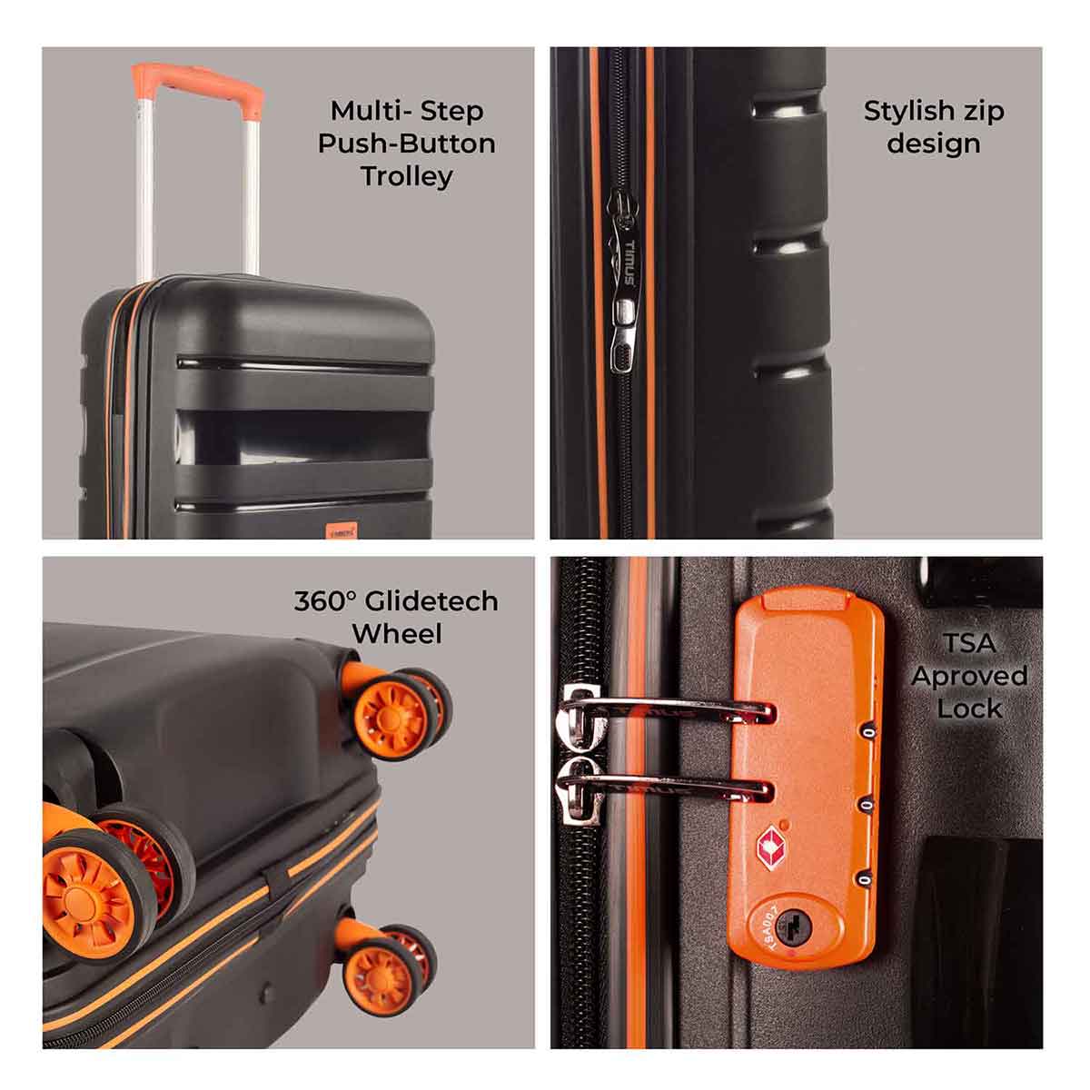 Feature collage showing Timus Sunlite orange-black luggage with ergonomic handle, 360° GlideTech wheels, and TSA lock.