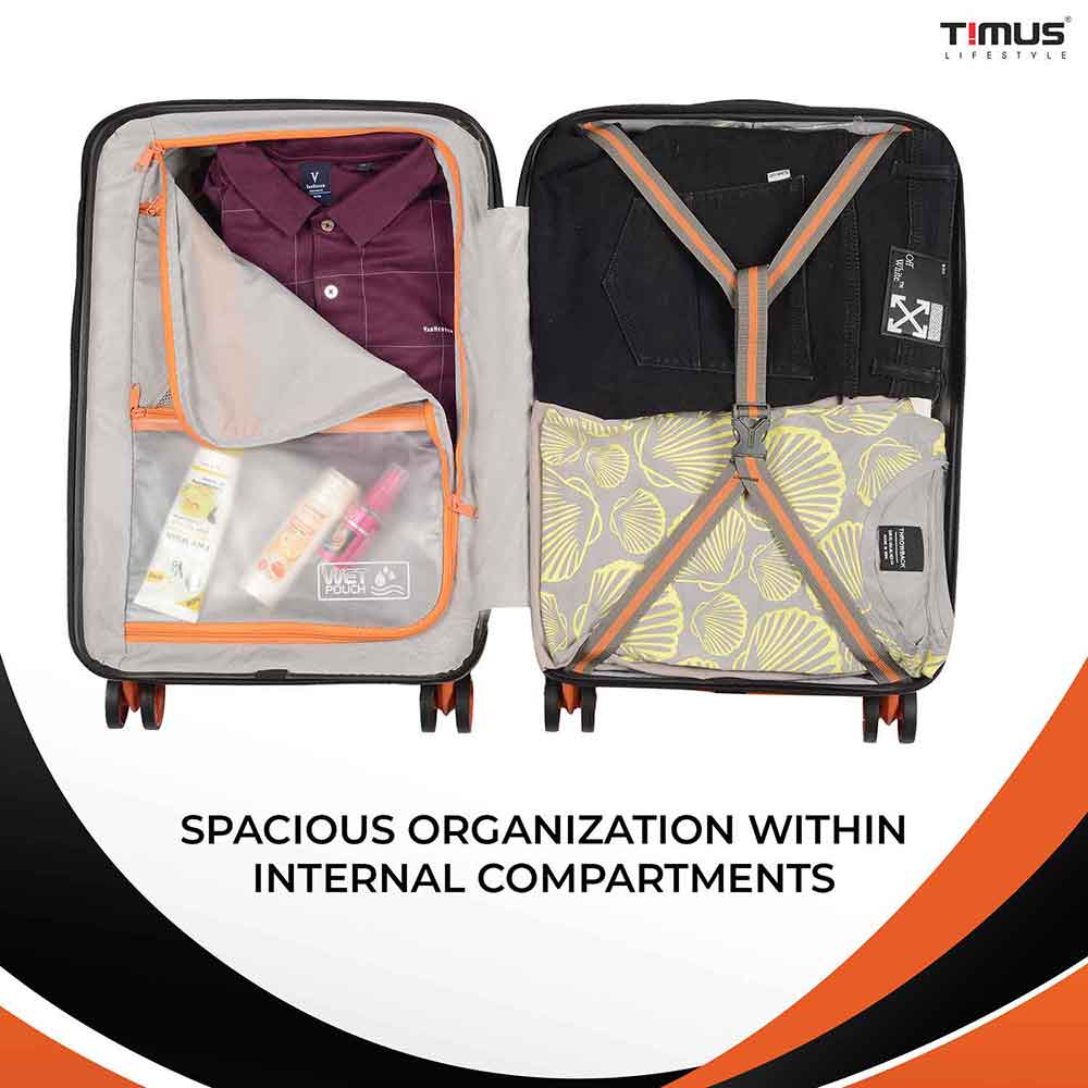 Interior layout view of Sunlite orange-black luggage showcasing organized storage, compartments, and straps.