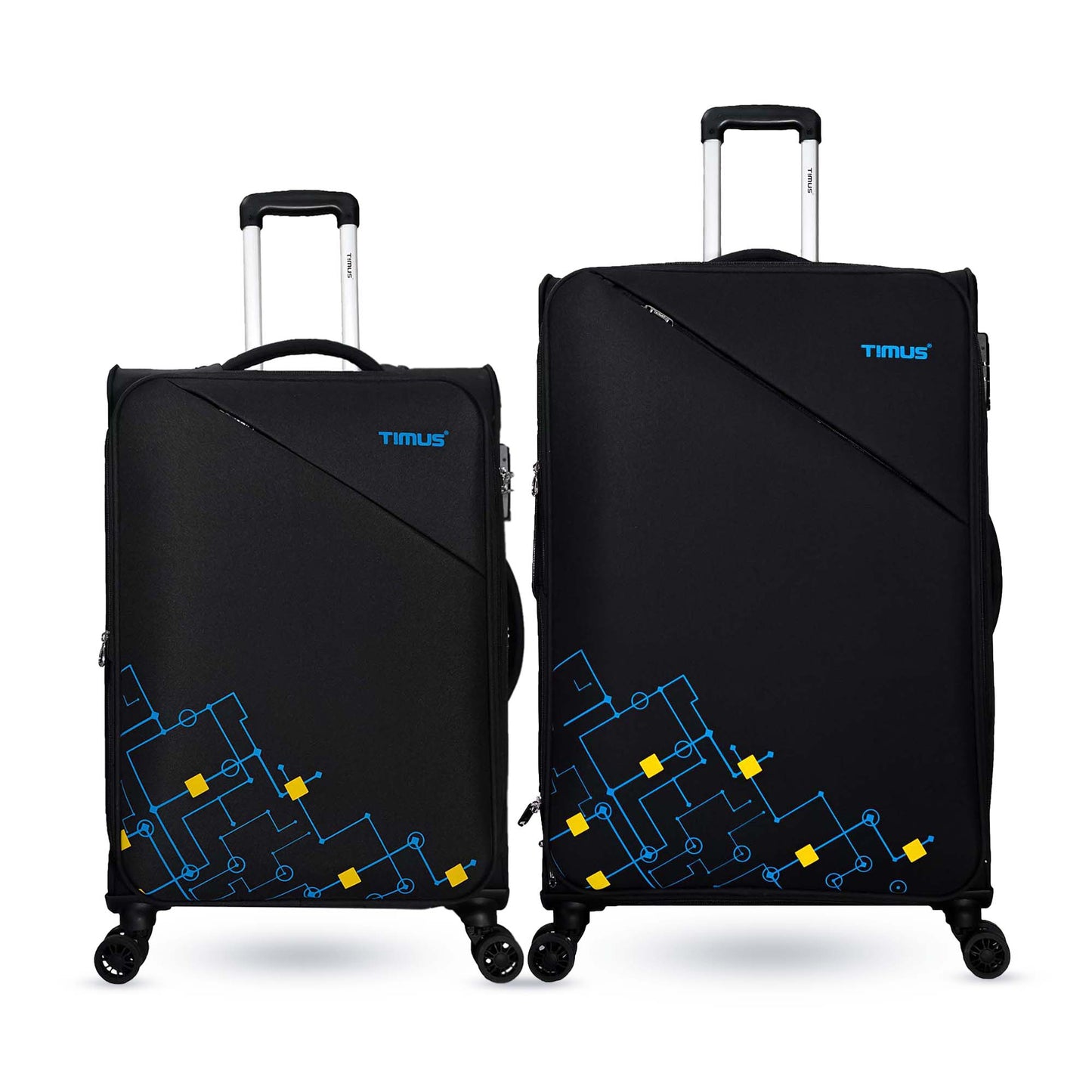 Two black soft luggage bags with Timus logo, geometric blue-and-yellow print, push-button trolley handles, and 360° spinner wheels – 68cm and 78cm sizes.