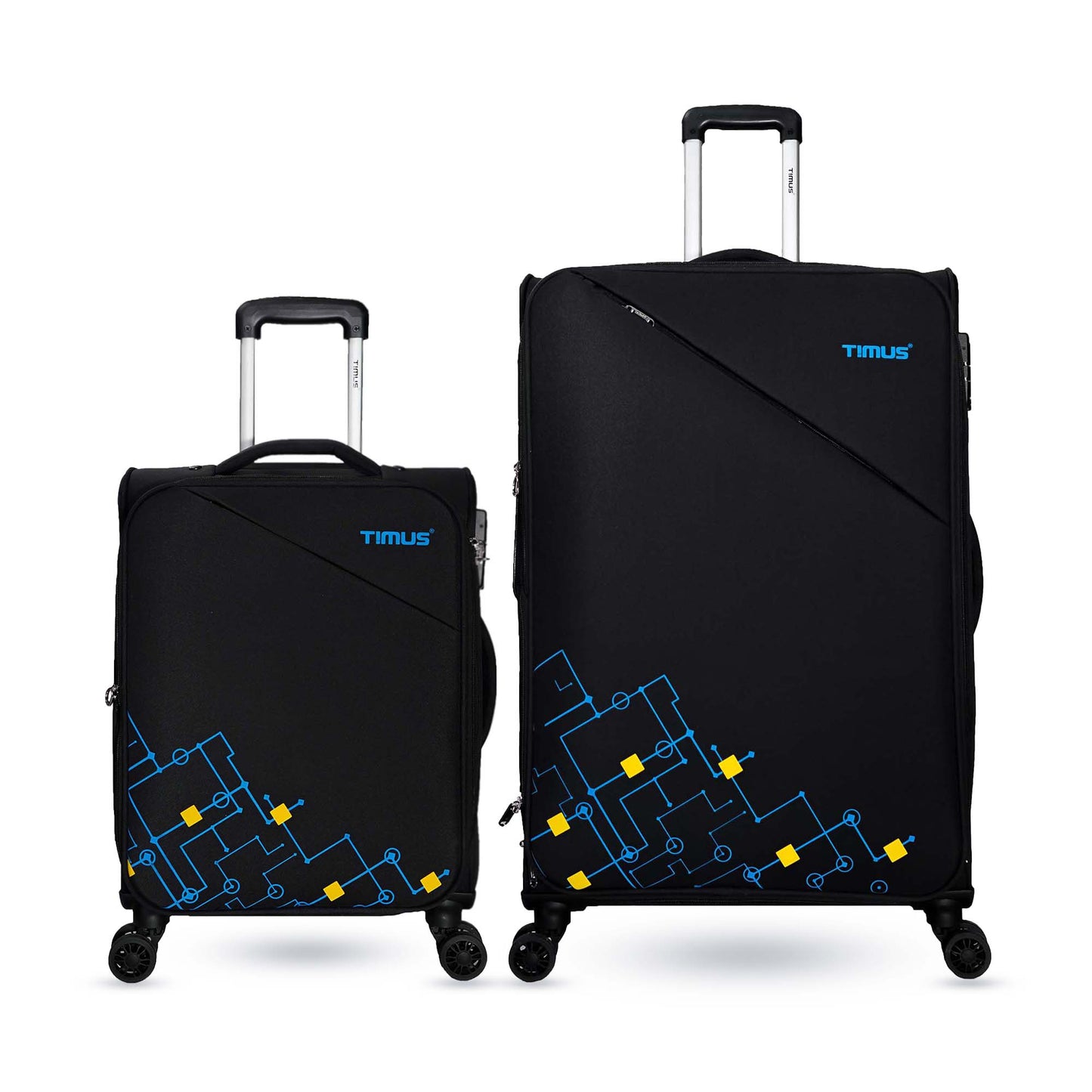 A set of black soft travel bags with geometric front design for cabin size and large trolley bags with Timus logo, shown upright with spinner wheels and top handles visible.