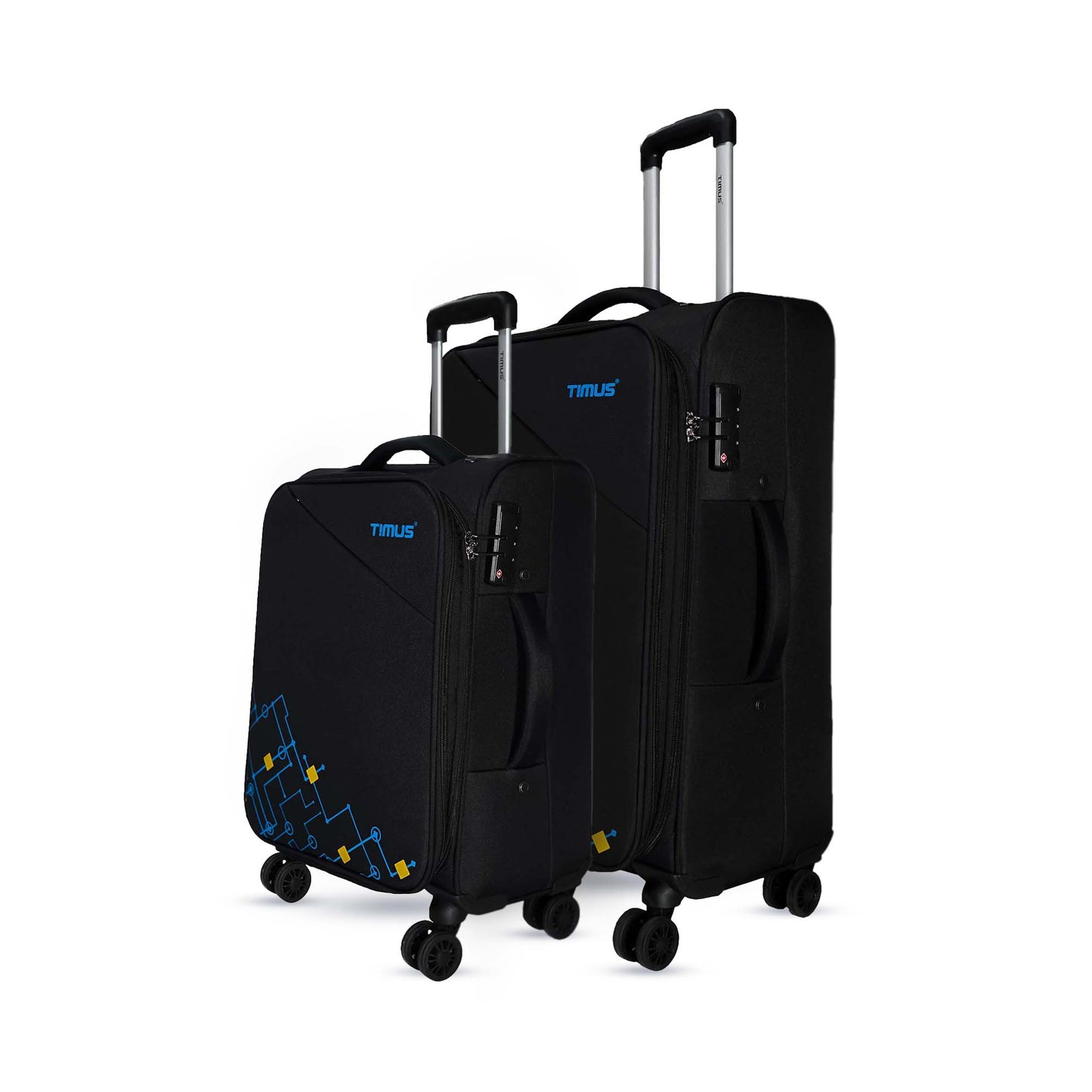 Side view of two black expandable soft travel bags – 58cm and 68cm – showing TSA locks, padded side handles, and 360° spinner wheels.
