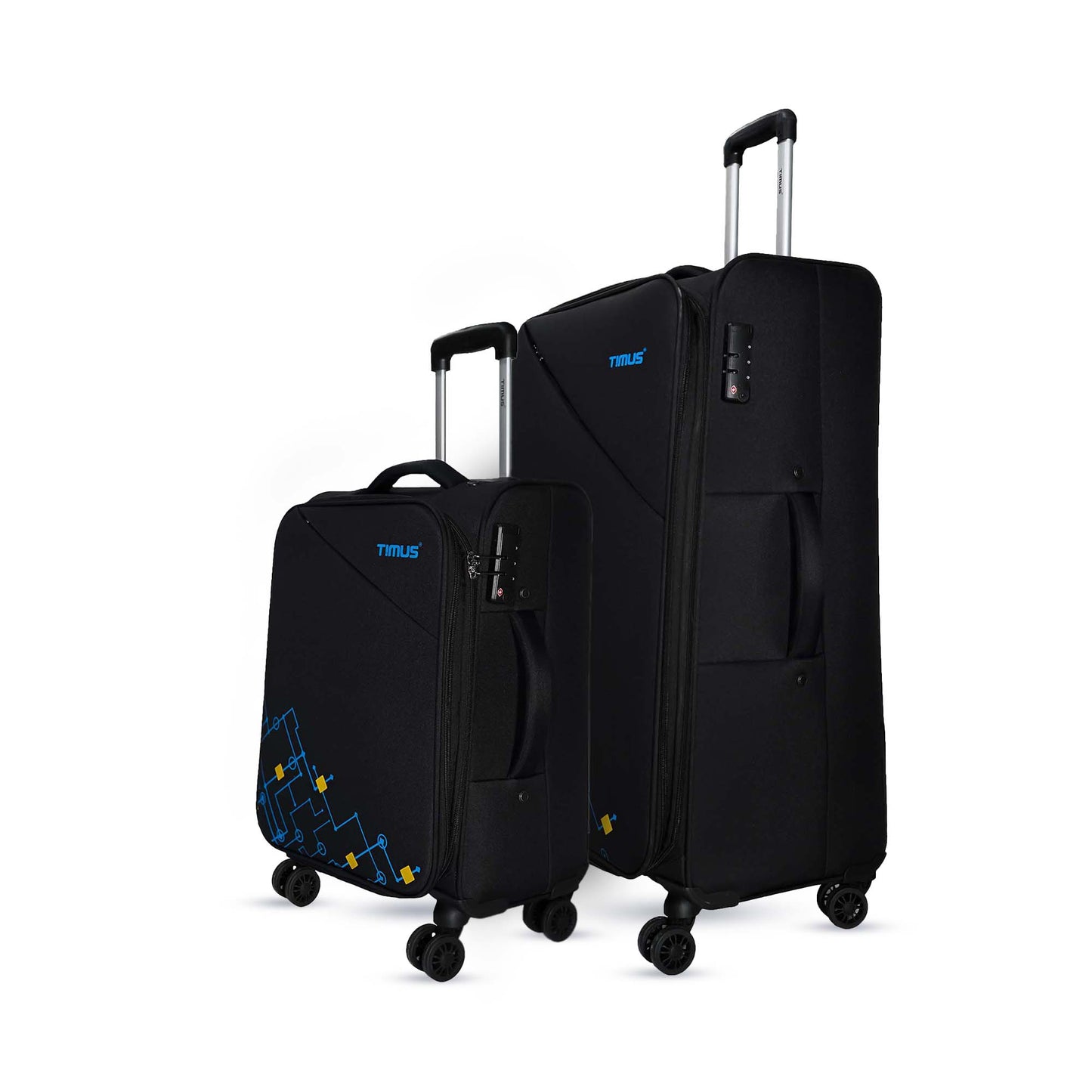 Two black expandable soft travel bags – 58cm and 78cm – side view with TSA locks, padded side handles, and spinner wheels.