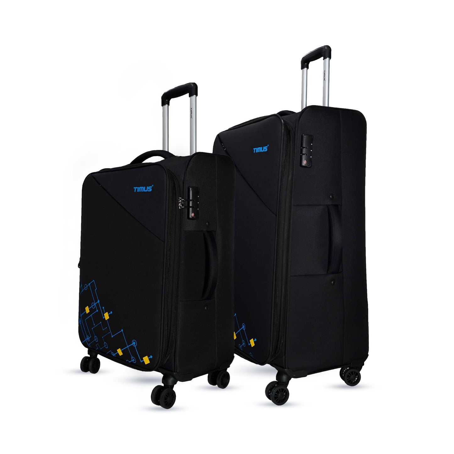 Two black soft travel bags – 68cm and 78cm – side view showing TSA locks, padded side handles, and 360 degree spinner wheels