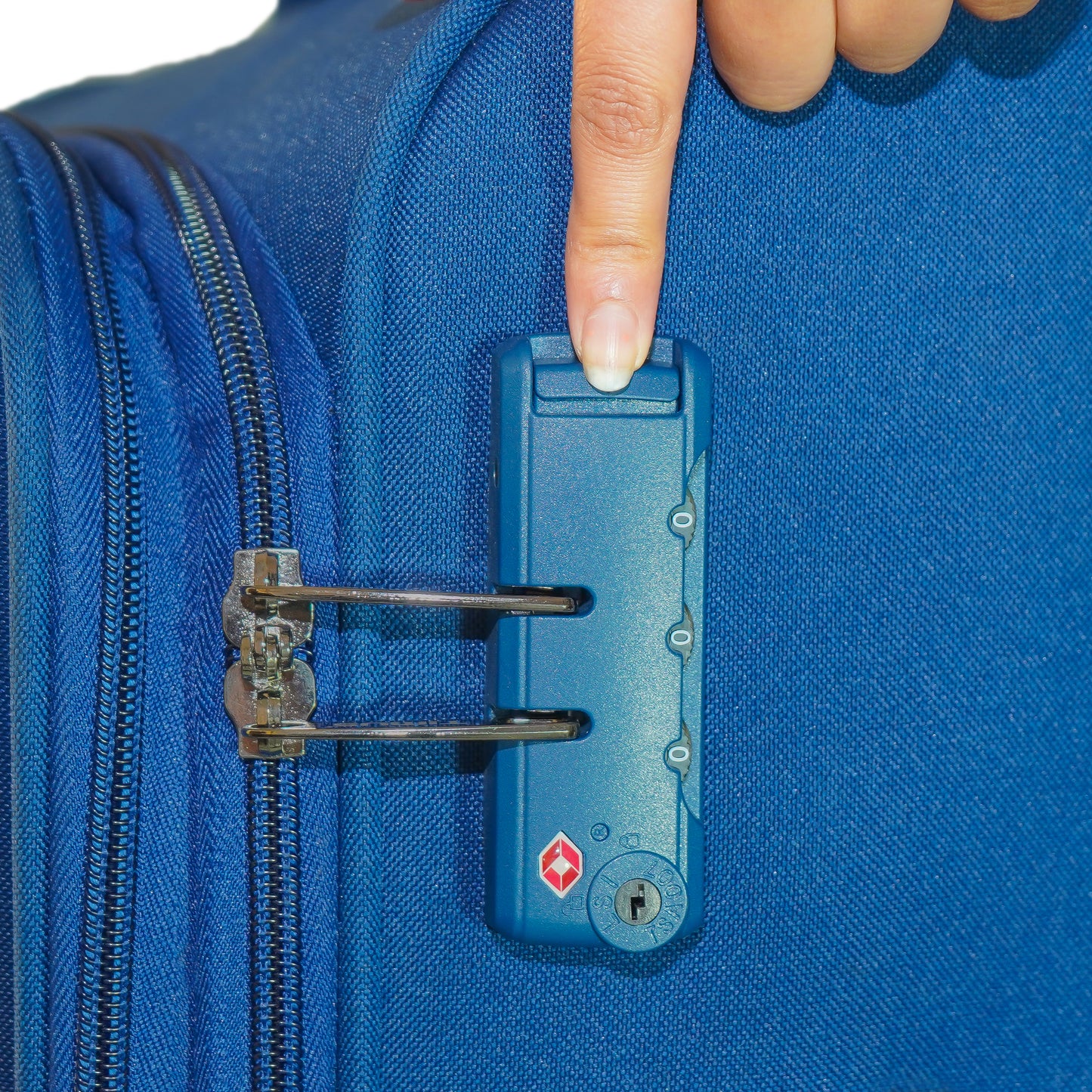 TSA lock on blue Flash Plus soft luggage set