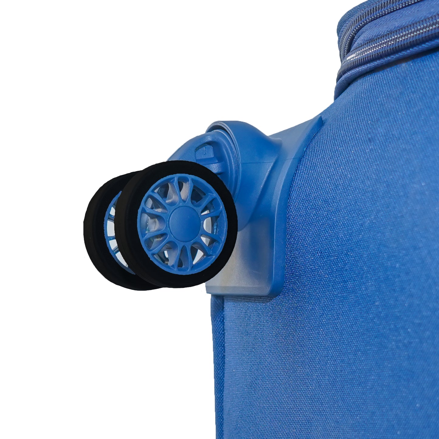 Close-up of a 360-degree wheel on blue flash plus soft luggage
