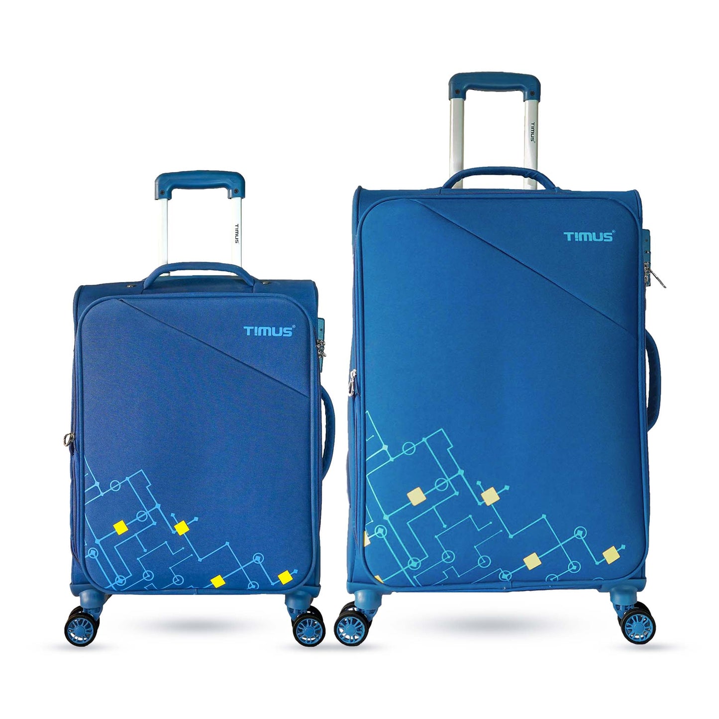 Two pieces of soft luggage, one smaller and one medium-sized, with a geometric pattern on blue background, and the brand 'TIMUS' shown upright with top handles and spinner wheels.