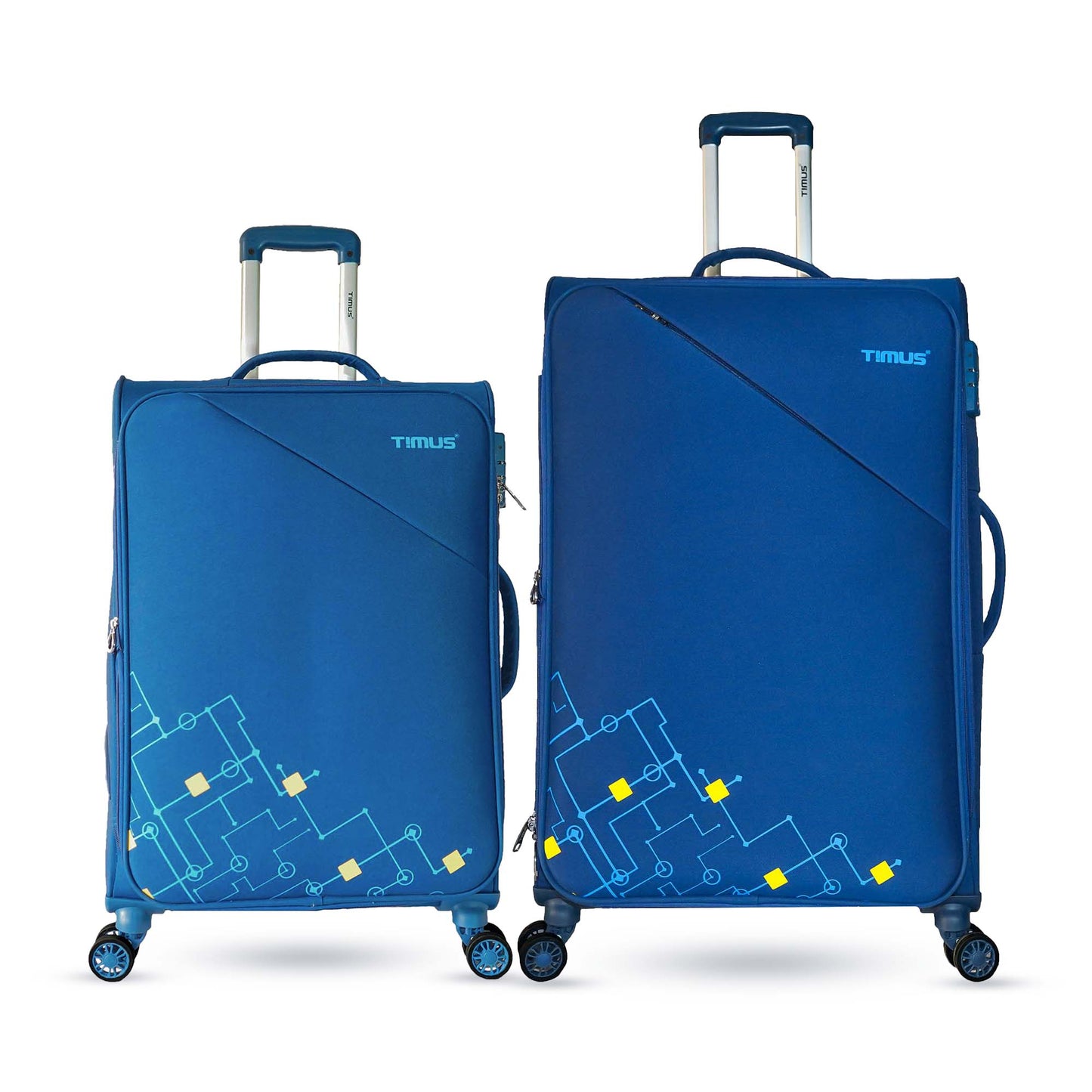 Two blue soft travel bags with geometric front design including a carry-on ad large luggage bags and Timus logo, shown upright with spinner wheels and top handles visible.