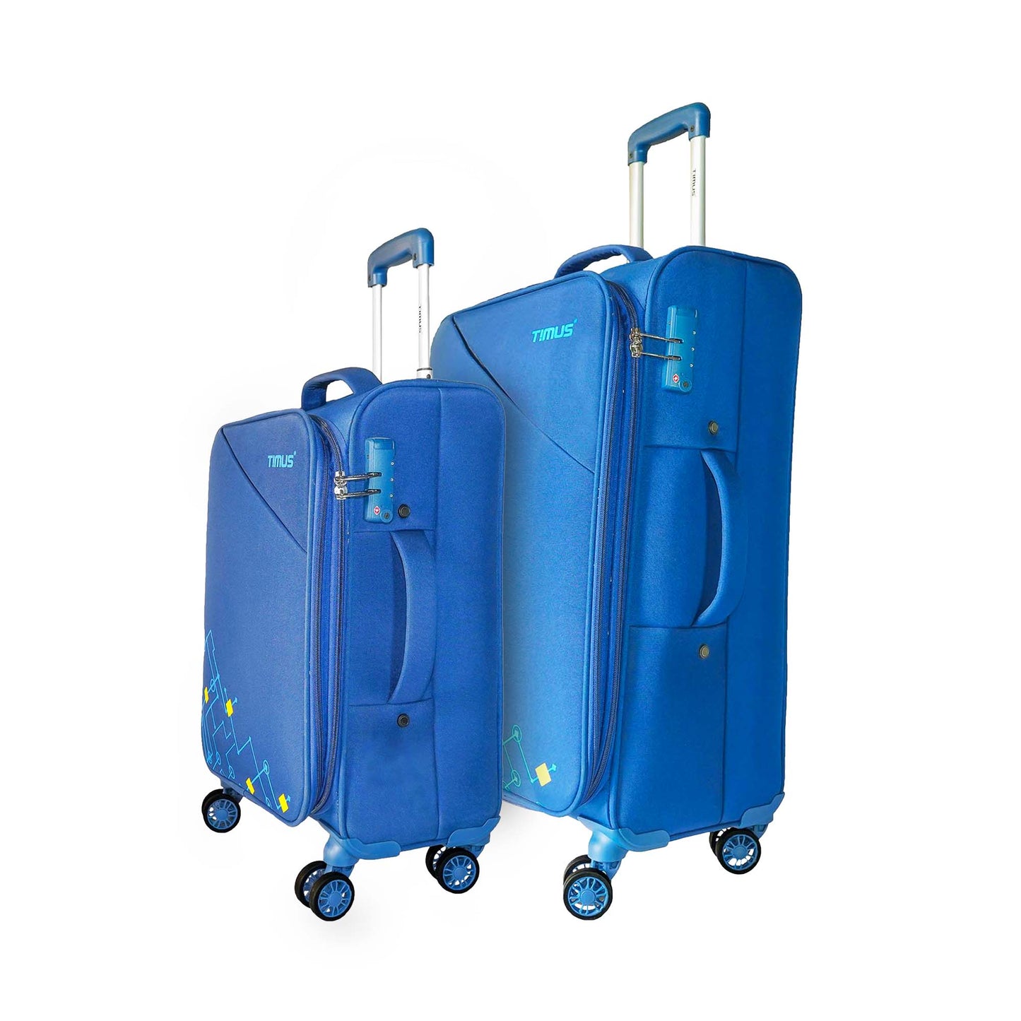 Side view of two blue expandable soft travel bags – 58cm and 68cm – featuring TSA locks, side handles, and 360-degree rotating wheels.