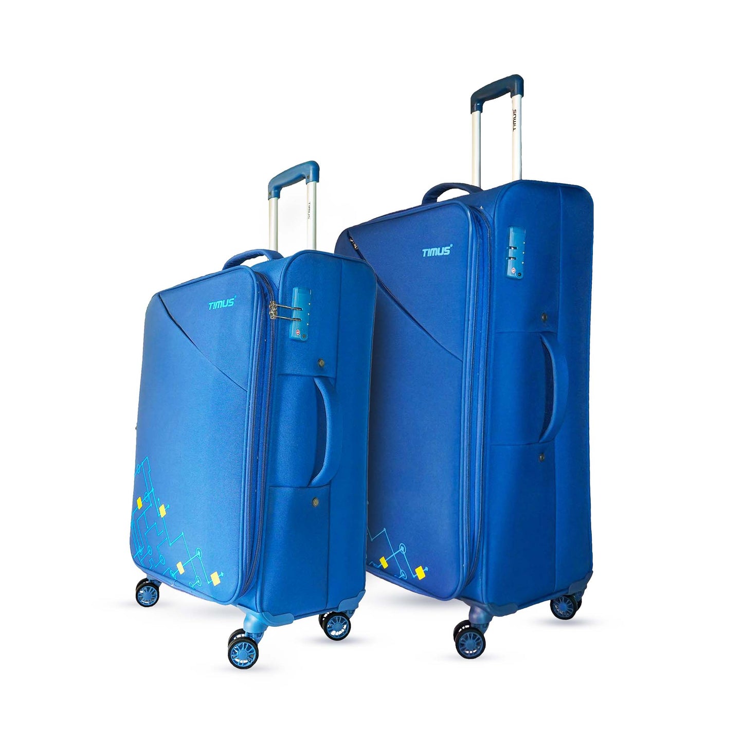 Two blue expandable soft luggage bags – 68cm and 78cm – side view showing TSA locks, side handles, and spinner wheels
