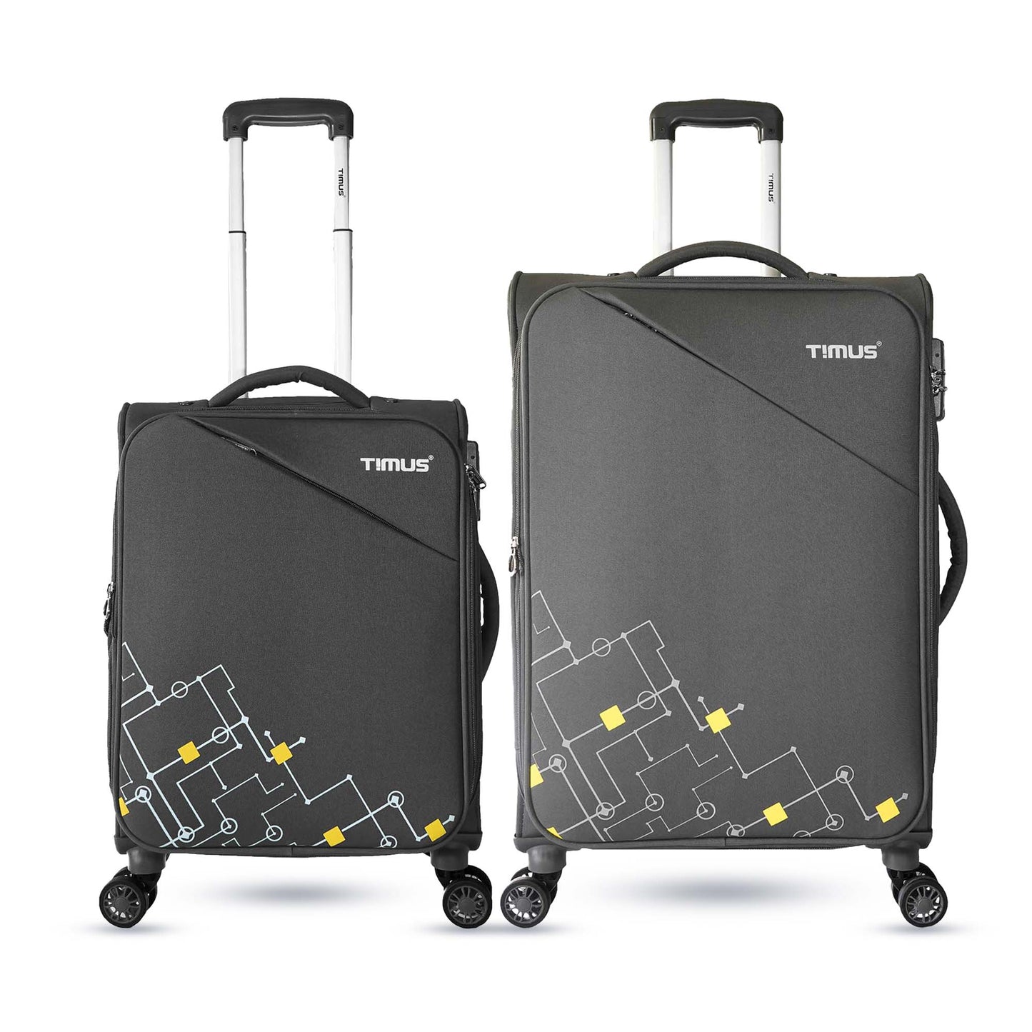 A set of grey soft travel bags with geometric front pattern and Timus logo shown upright with top handles and spinner wheels.