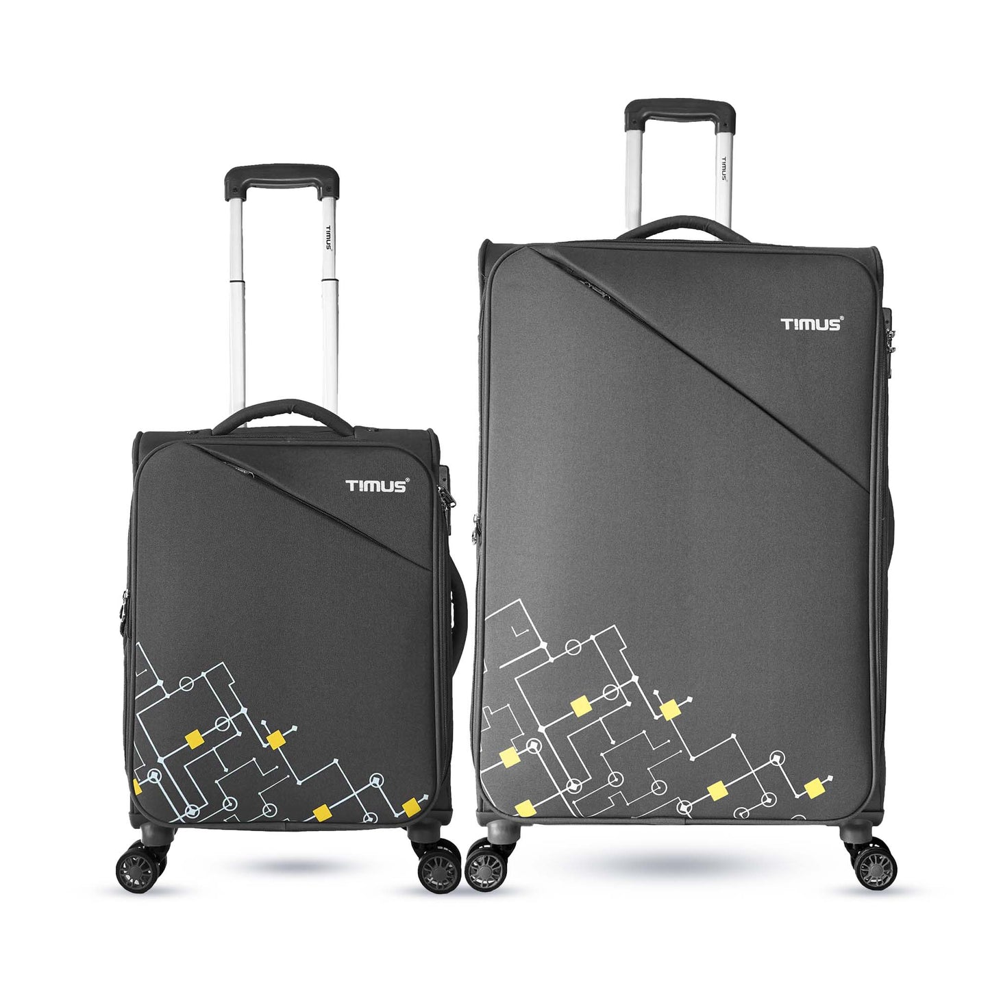Two pieces of soft luggage, a smaller and a larger suitcase, in grey color with a geometric pattern, featuring wheels and trolley handles.