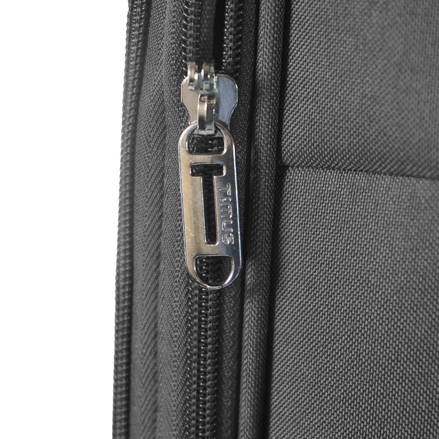 Close-up of the grey Flash Plus soft luggage showing durable premium zipper with smooth glide finish