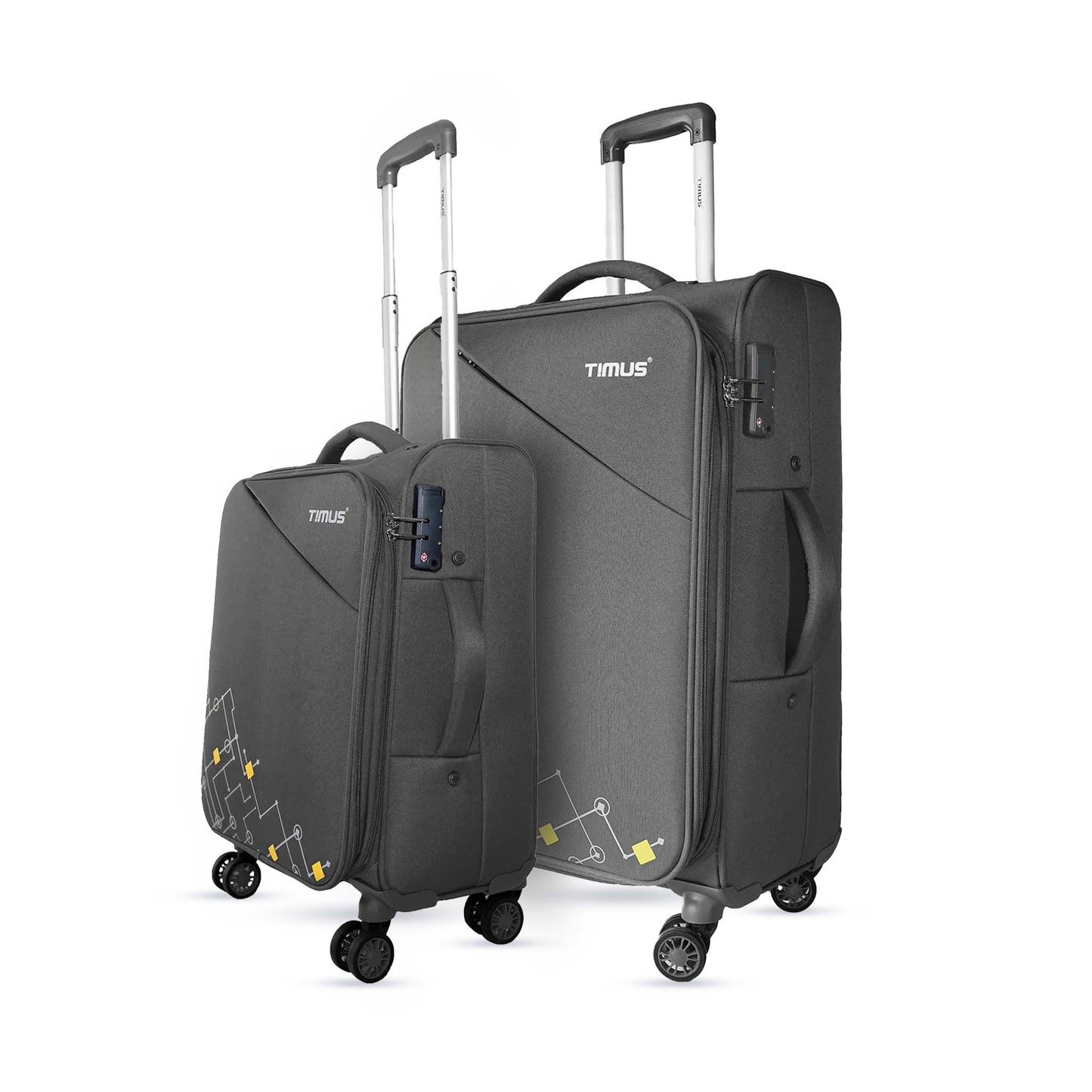 Side view of two grey expandable soft travel bags – 58cm and 68cm – with TSA locks, padded side handles, and 360-degree spinner wheels.