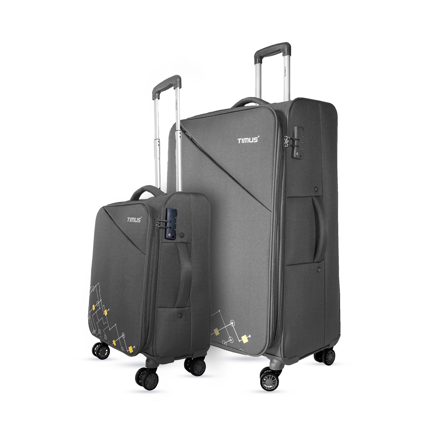 A set of grey Flash plus soft luggage with 8-wheel 360° rotation, including a small and a large bag, with TSA locks and a push-button trolley.