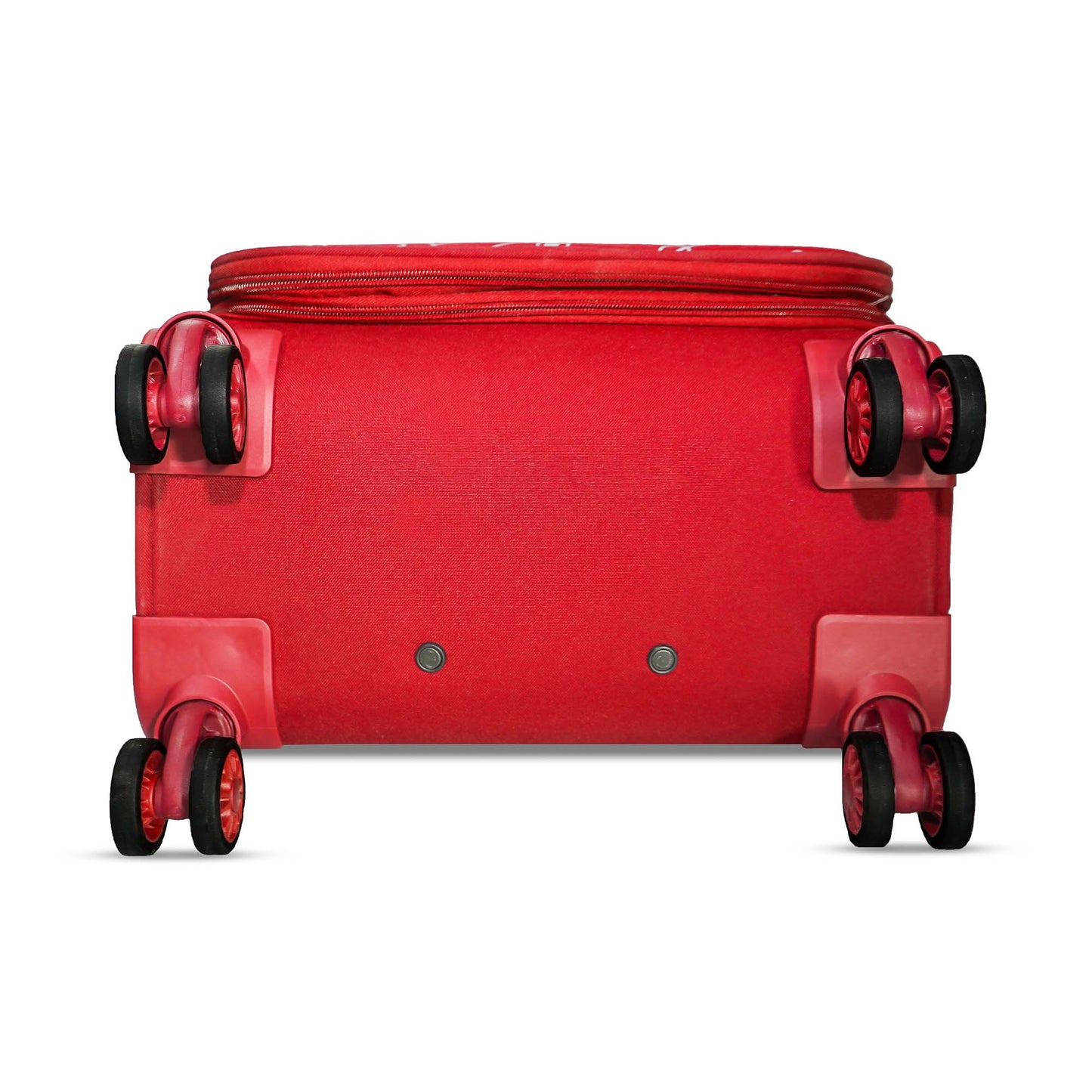 Bottom view of red Flash Plus luggage showing 8 smooth spinner wheels for easy mobility