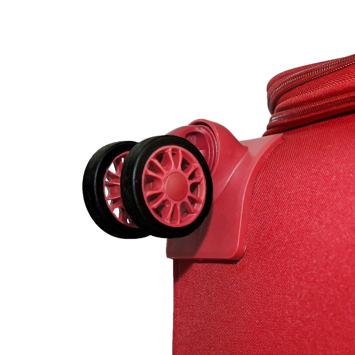 360-degree rotating spinner double wheel on red Flash Plus soft luggage for smooth movement
