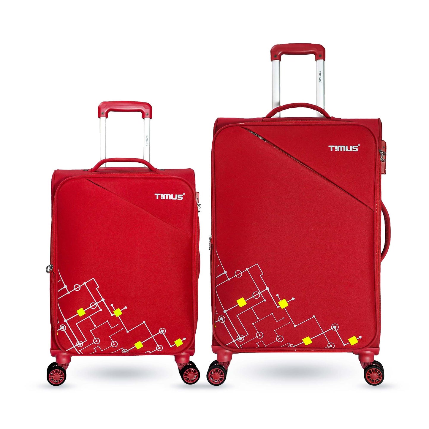 Two red soft travel bags with bold geometric front pattern and Timus logo, displayed upright with spinner wheels and top handles.