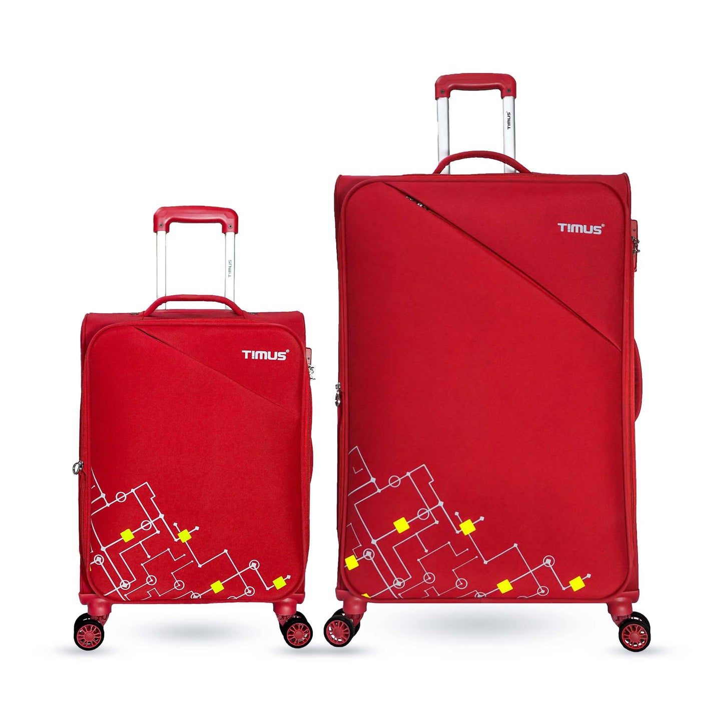 Two red soft travel bags with geometric front design including a a cabin size and large luggage bag with Timus logo, shown upright with spinner wheels and top handles visible.
