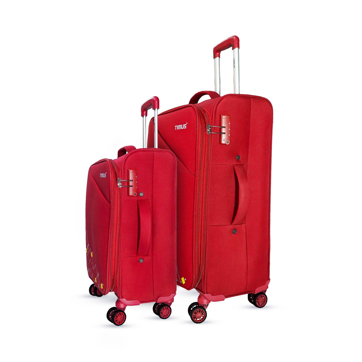 Side view of two red expandable soft travel bags – 58cm and 68cm – with TSA locks, side handles, and smooth 360° spinner wheels.