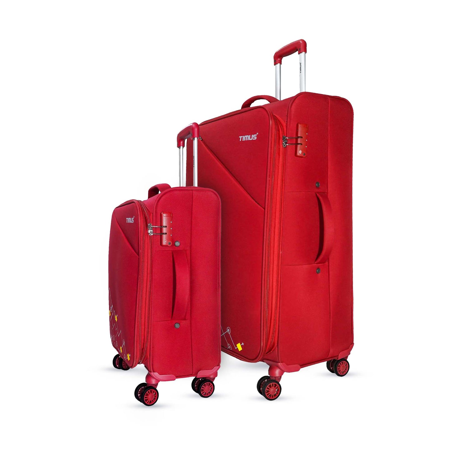 Two red expandable soft travel bags – 58cm and 78cm – side view with TSA locks, padded side handles, and spinner wheels.
