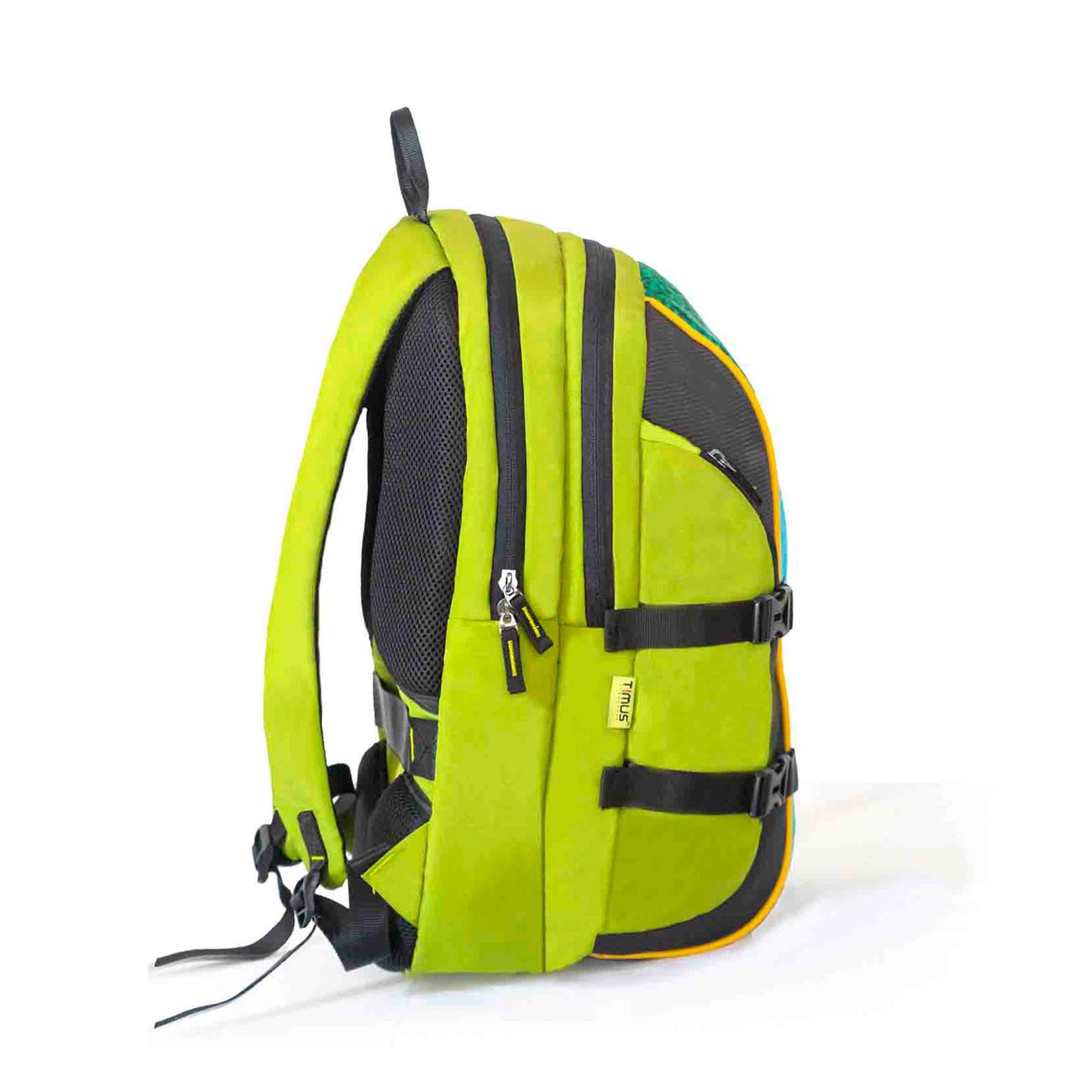 Side view of Timus Here I Am Backpack in green color featuring dual zipper compartments, padded straps, and adjustable side compression belts.