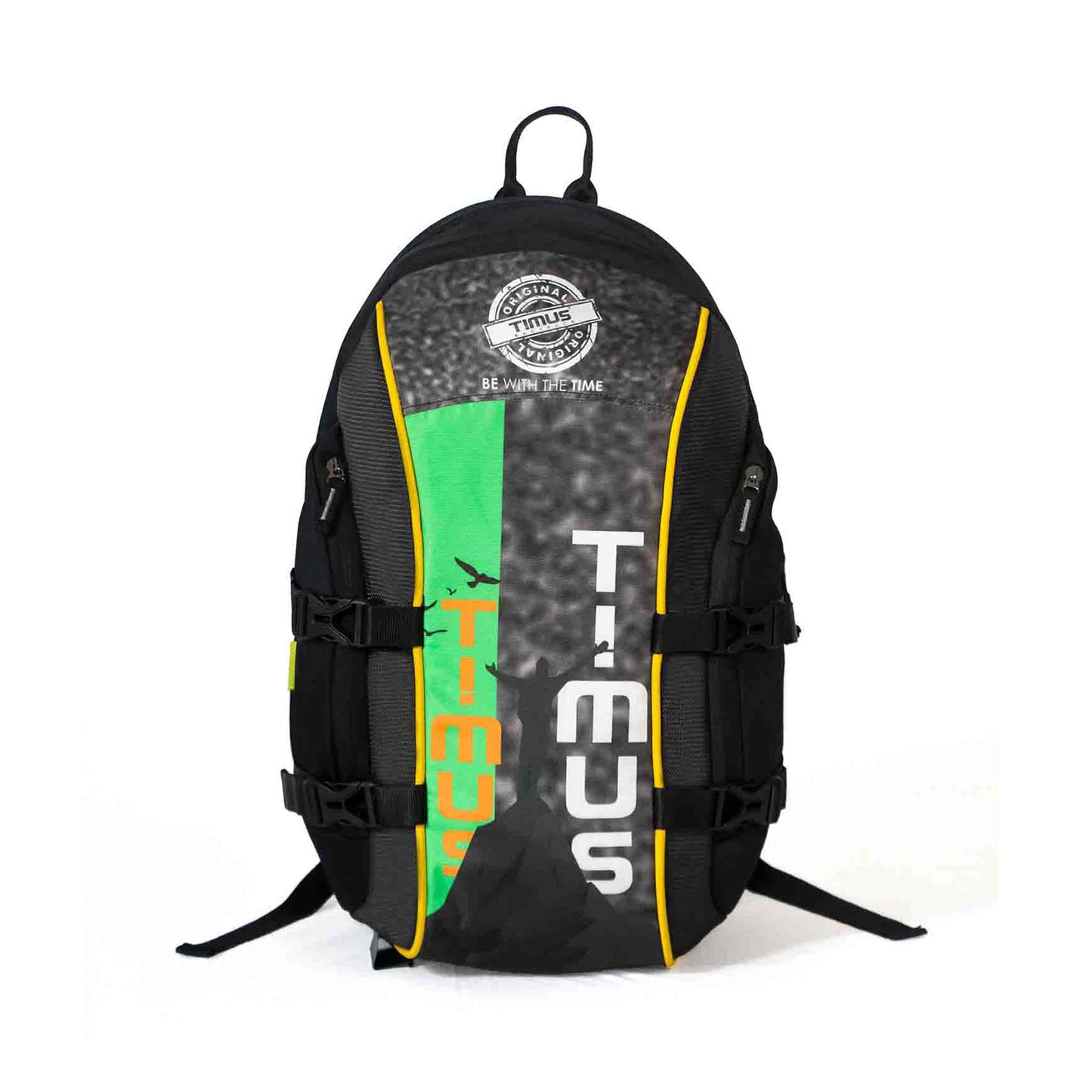 Front view of the Timus Here I Am backpack in black with bold vertical TIMUS branding, colorful green and orange graphic design, dual side compression straps, and a durable top haul loop for hanging or carrying.