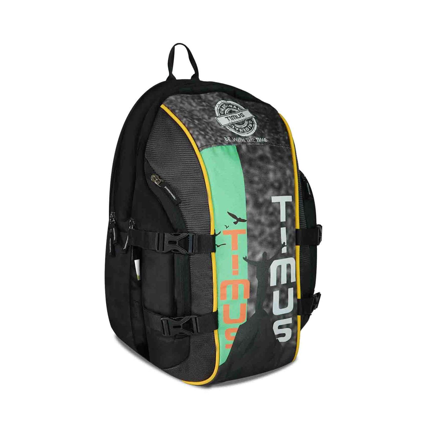 Timus Here I Am backpack in black, right side angled view showcasing bold TIMUS branding, vibrant green and orange design accents, dual compression straps, side pocket, and a sturdy top haul loop for hanging or carrying.