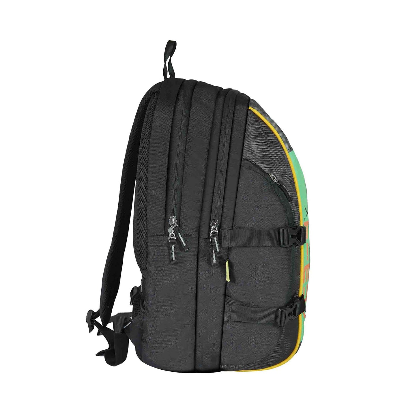 Right side view of Timus Here I Am black backpack showcasing dual zippered compartments, compression straps, ergonomic shoulder strap design, and durable fabric construction.