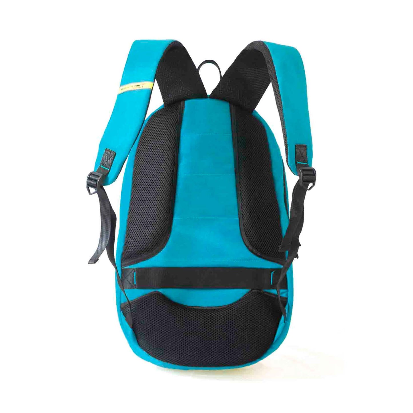 Back view of blue Here I Am backpack showing padded mesh shoulder straps, breathable back panel, top handle, and luggage strap for trolley attachment.