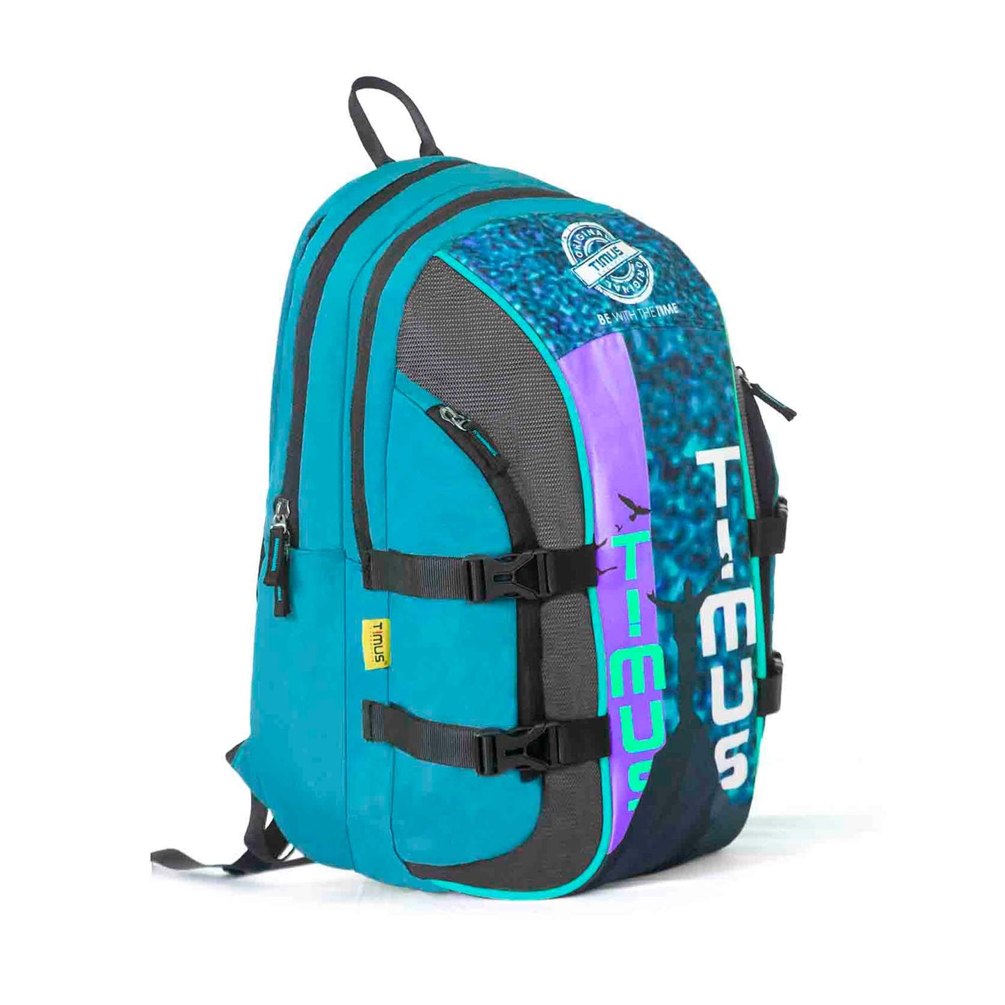 Right front angled view of blue Here I Am backpack featuring bold vertical TIMUS brand name, dual zip compartments, black adjustable straps, side buckles, and top carrying handle.