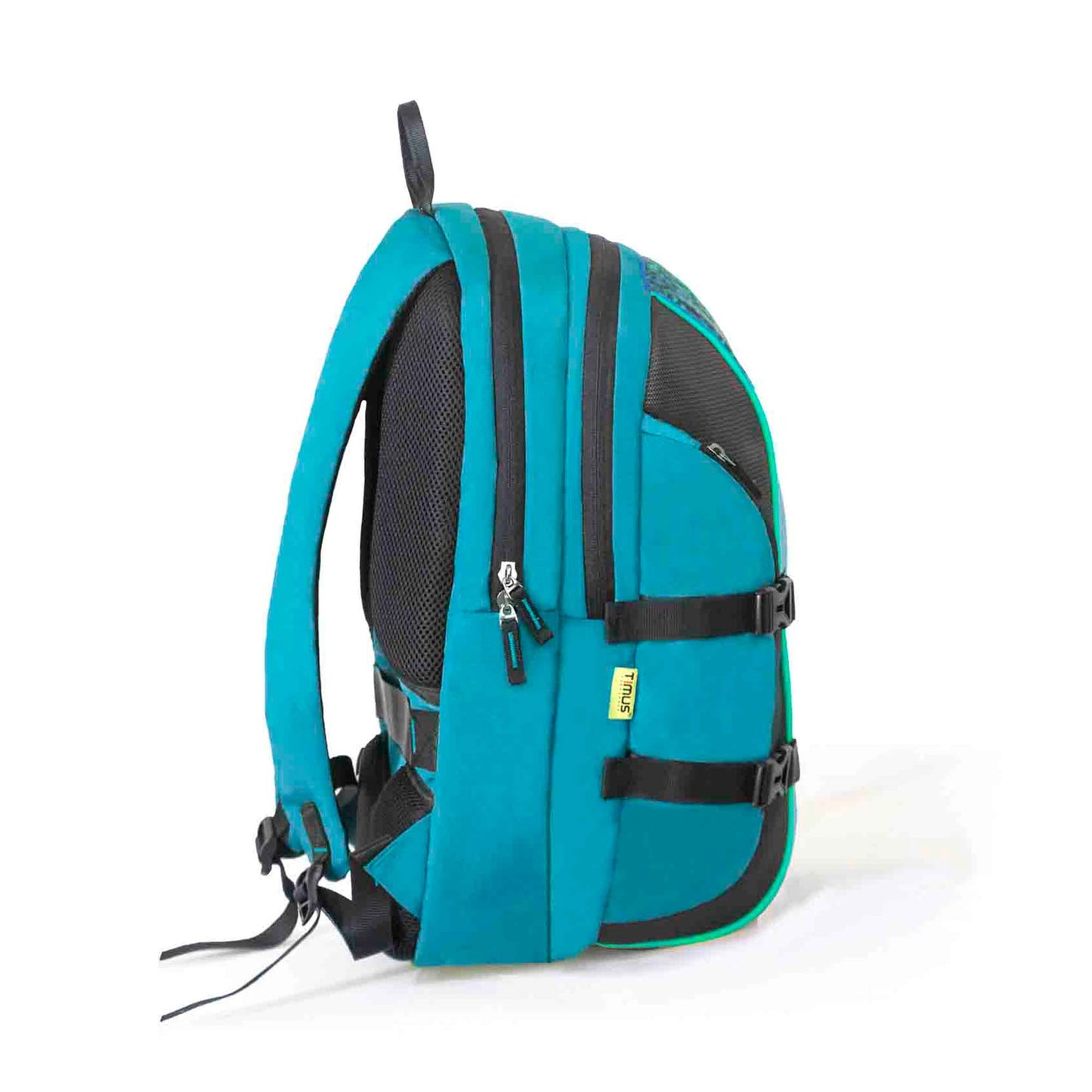 Right side view of blue Here I Am backpack featuring dual zip compartments, black side compression straps, timus tag, ergonomic shoulder straps, and top loop handle.