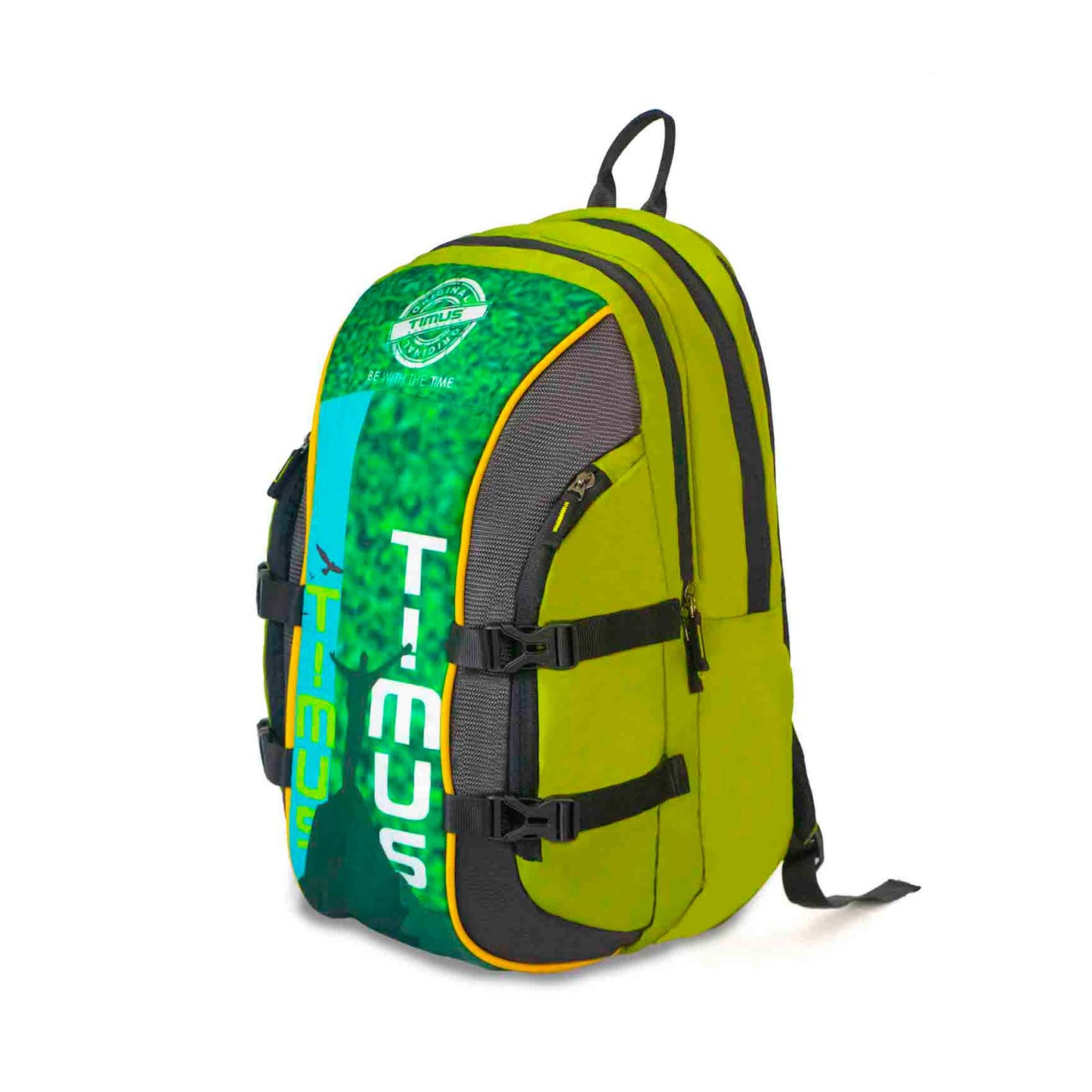 Timus Here I Am Backpack in green color, shown in left front angled view with bold TIMUS branding, dual compression straps, and top haul loop.