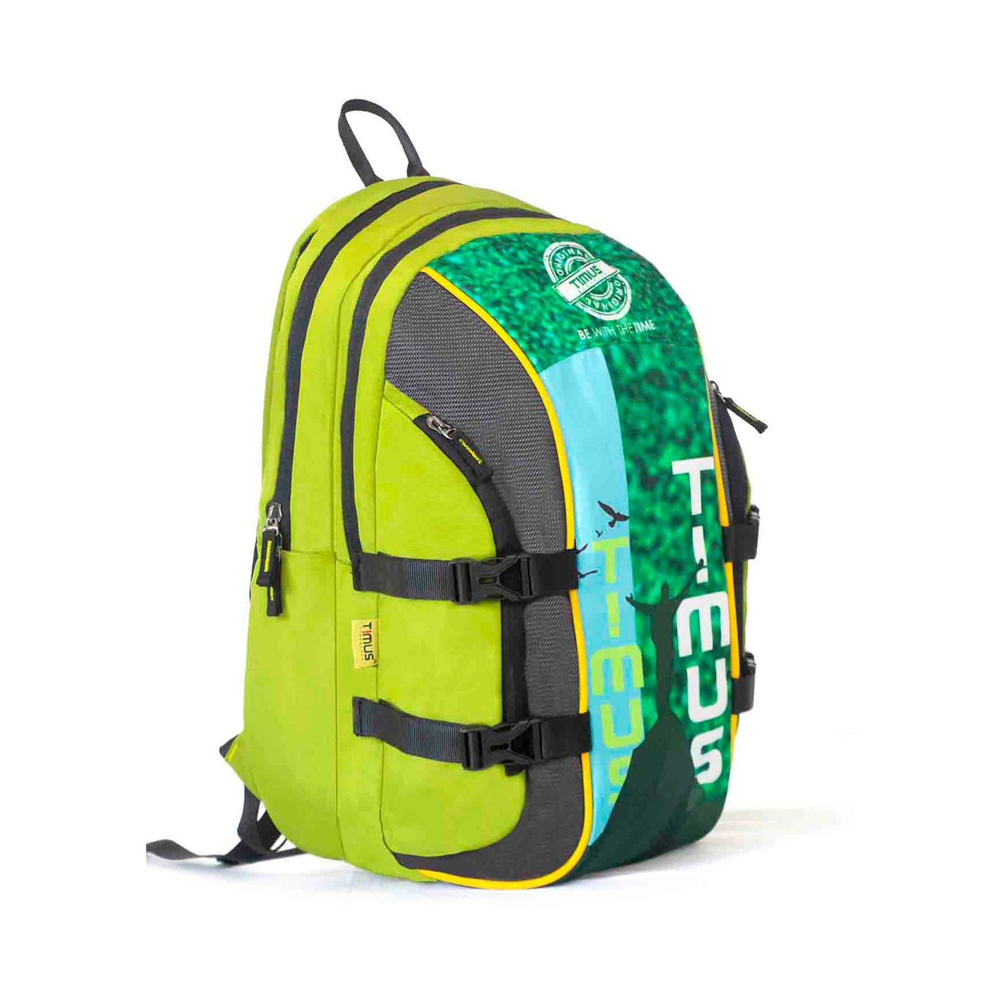 Timus Here I Am Backpack in green color, right front angled view showcasing dual zip compartments, bold TIMUS branding, side straps, and vibrant panel design.