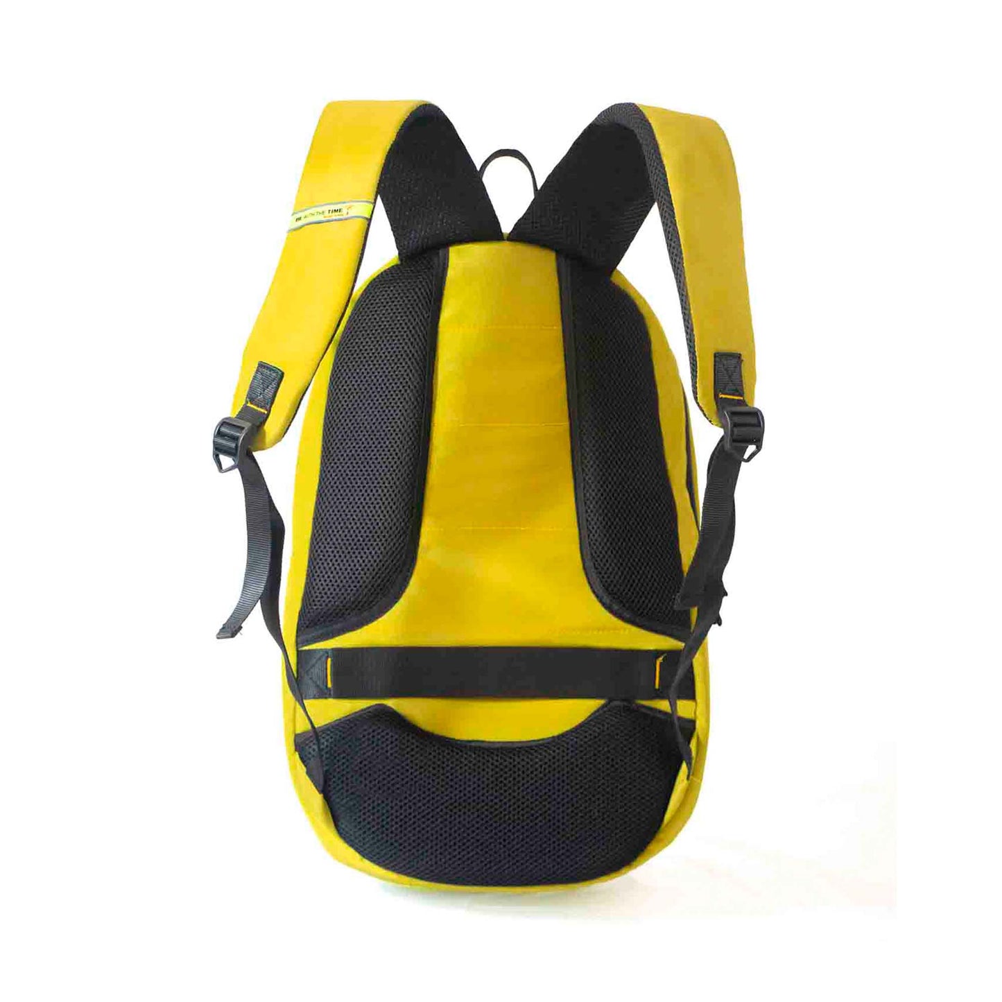 Back view of yellow Here I Am backpack showing padded mesh shoulder straps, top carrying handle, and breathable mesh back panel for comfort.