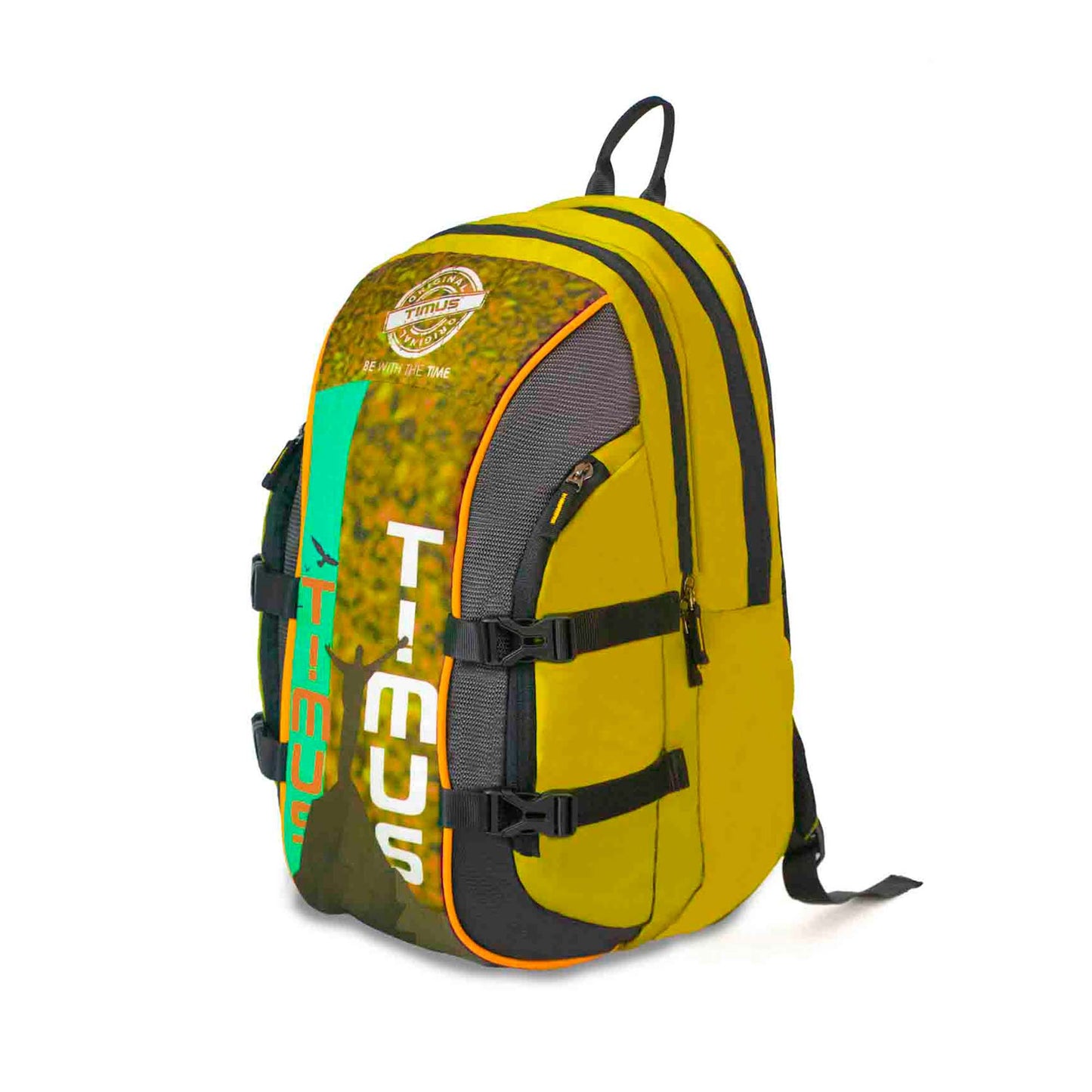 Yellow Here I Am backpack with left front angled view, featuring vertical TIMUS branding, multiple zip compartments, black adjustable straps, side compression buckles, and a top carrying handle.