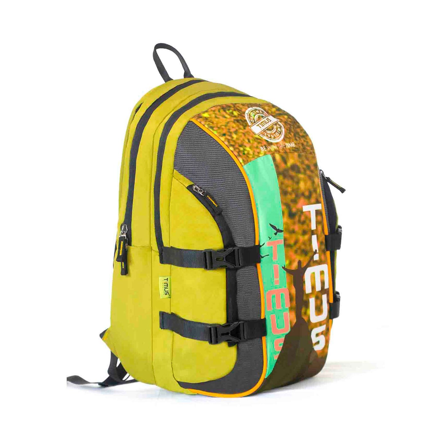 Right front angled view of yellow Here I Am backpack featuring vertical TIMUS brand name, multiple zip compartments, black adjustable straps, side compression buckles, and top carrying handle